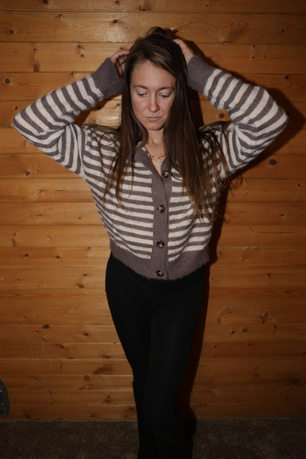 Stripe Fuzzy Knit Cardigan