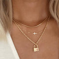 Cross and Lock Gold Layered Necklace