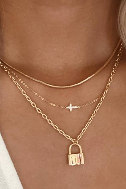 Cross and Lock Gold Layered Necklace
