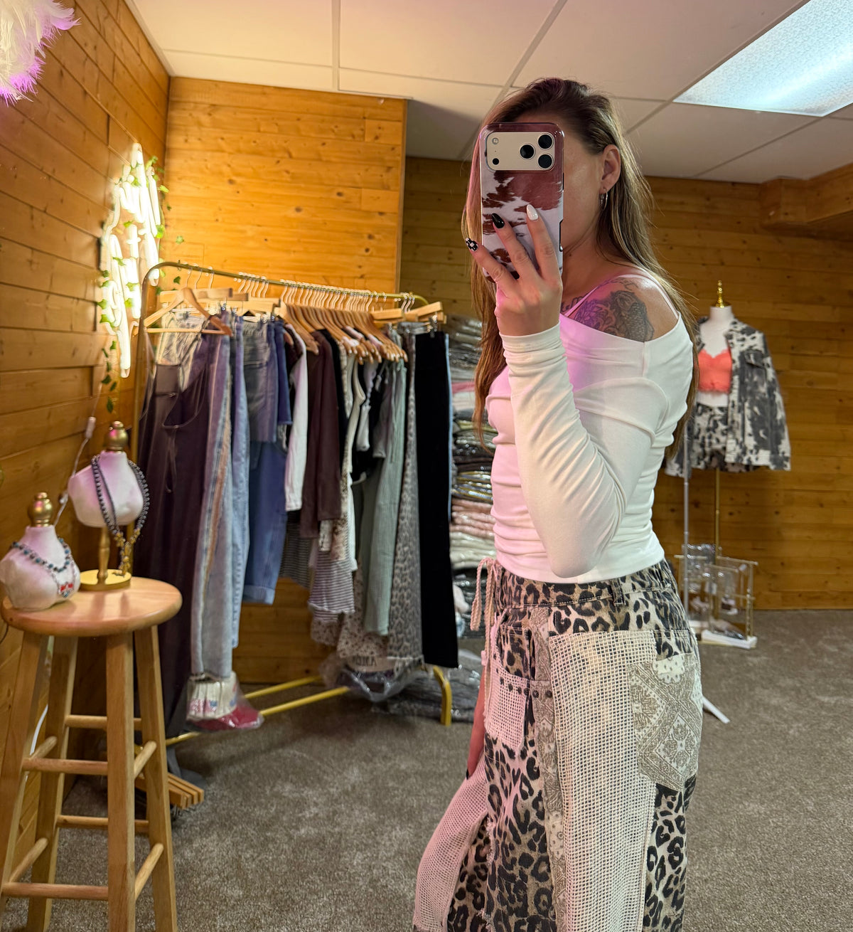 Stud Detail Leopard Print Patchwork Denim Wide-Leg Pants