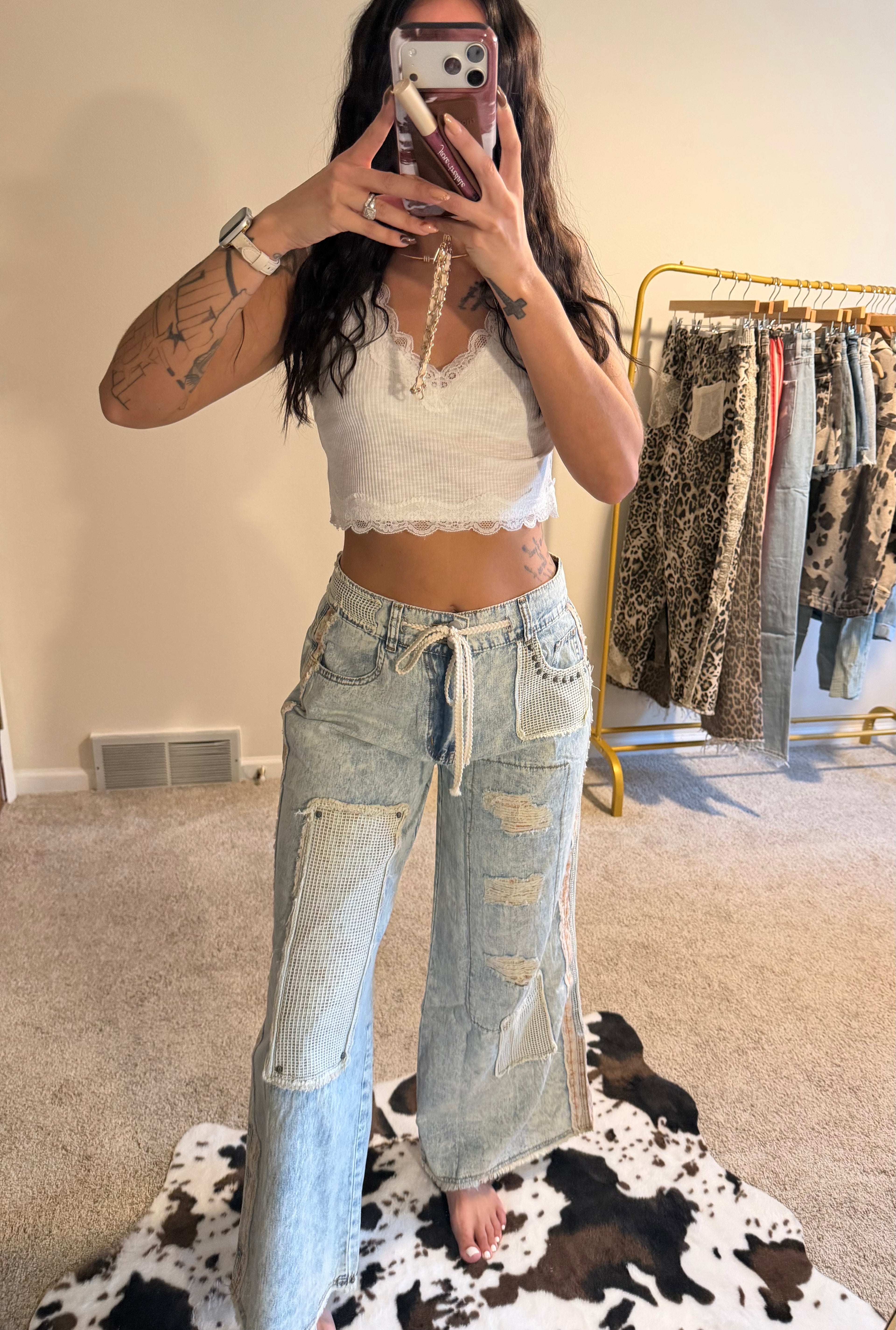 Stud Detail Woven Patchwork Denim Pants