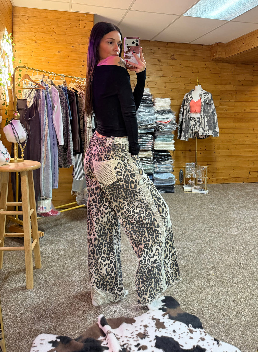 Stud Detail Leopard Print Patchwork Denim Wide-Leg Pants