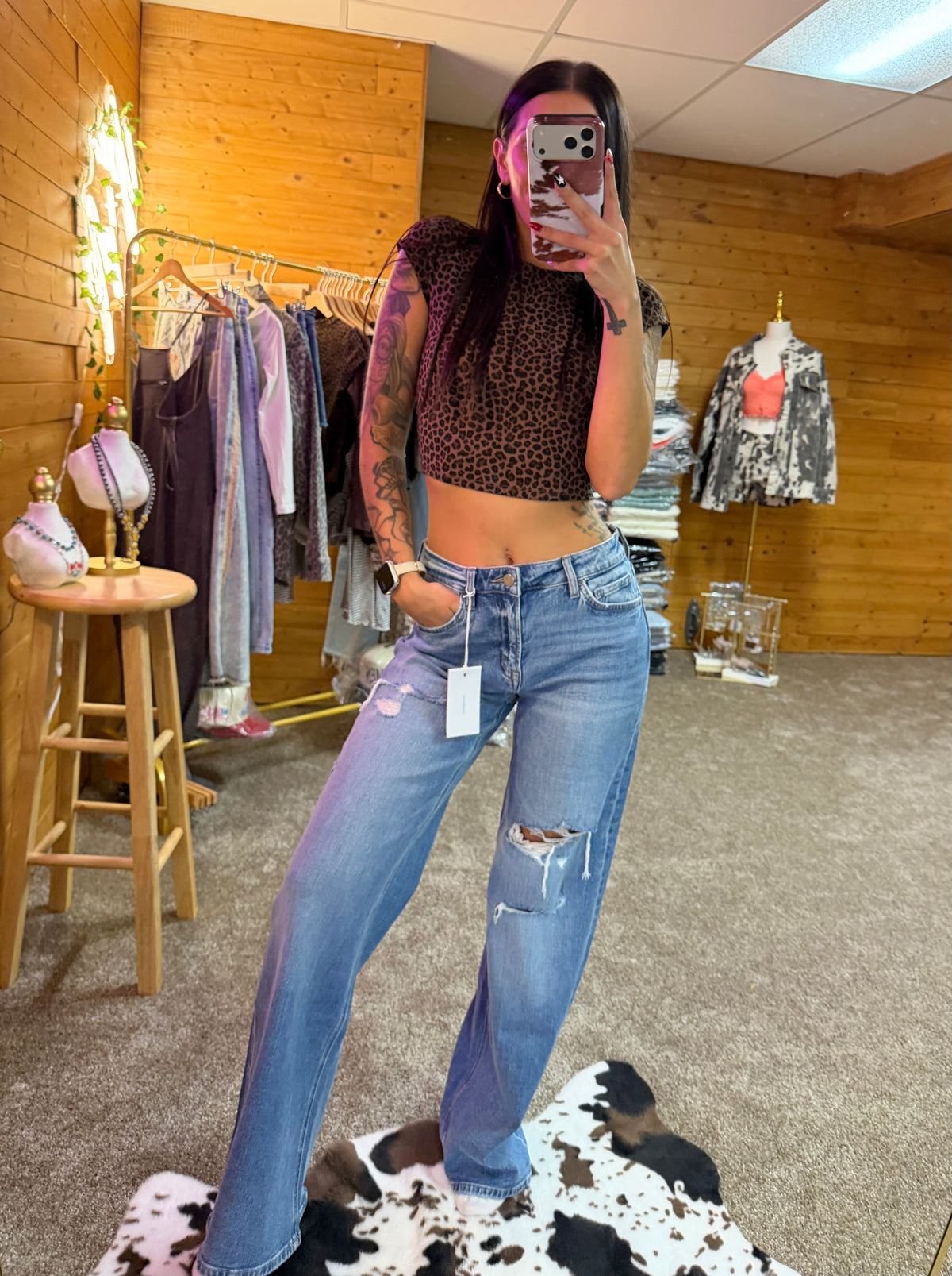 High Rise Medium Wash Distressed Wide Leg Jeans