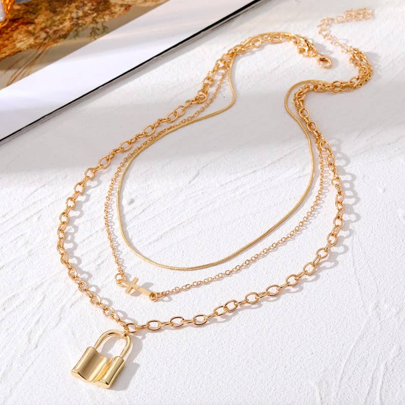 Cross and Lock Gold Layered Necklace