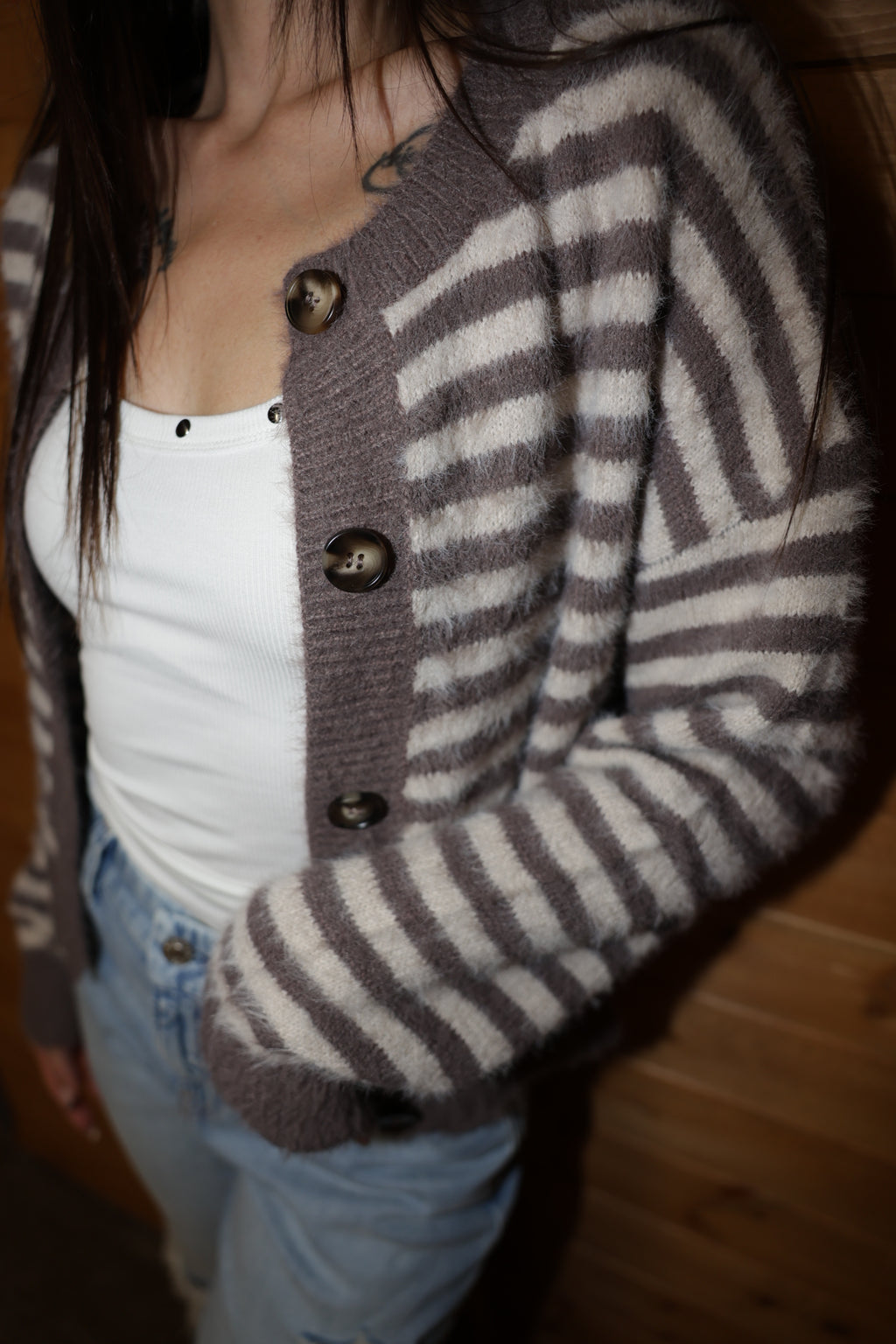 Stripe Fuzzy Knit Cardigan
