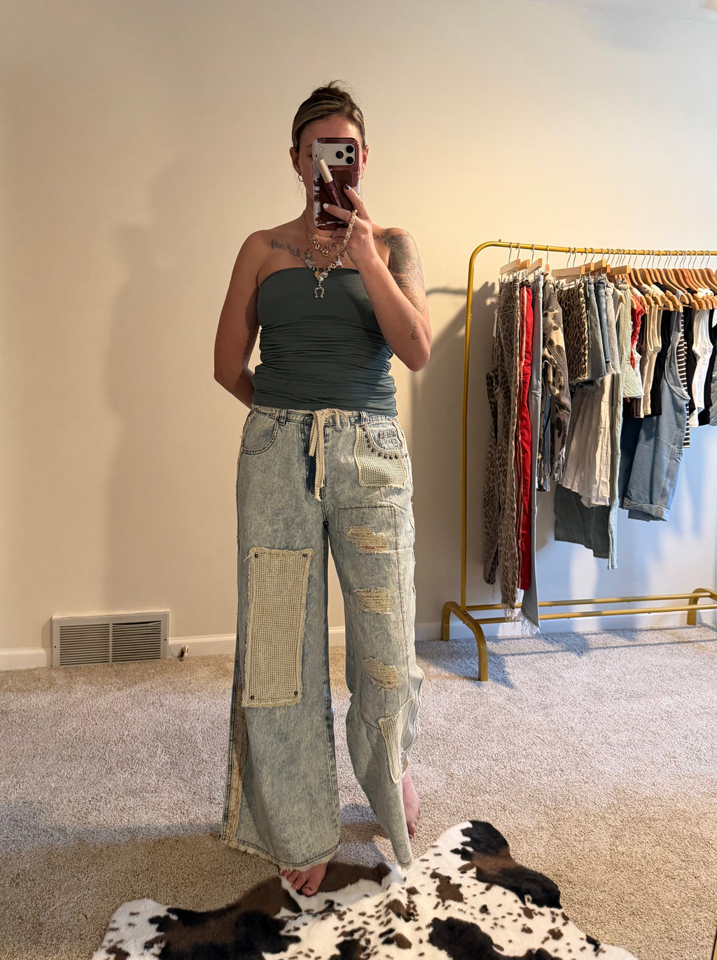 Stud Detail Woven Patchwork Denim Pants
