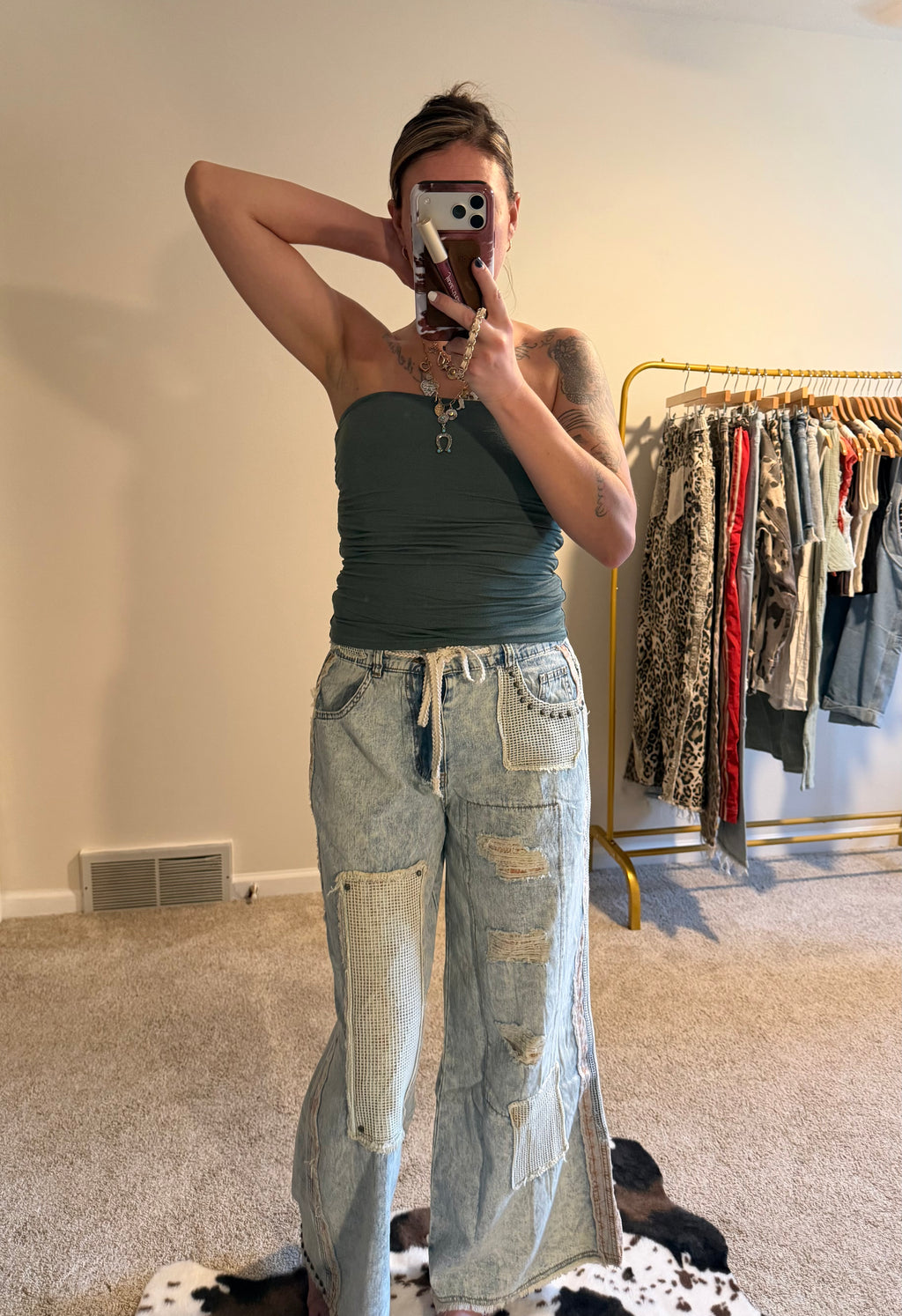 Stud Detail Woven Patchwork Denim Pants