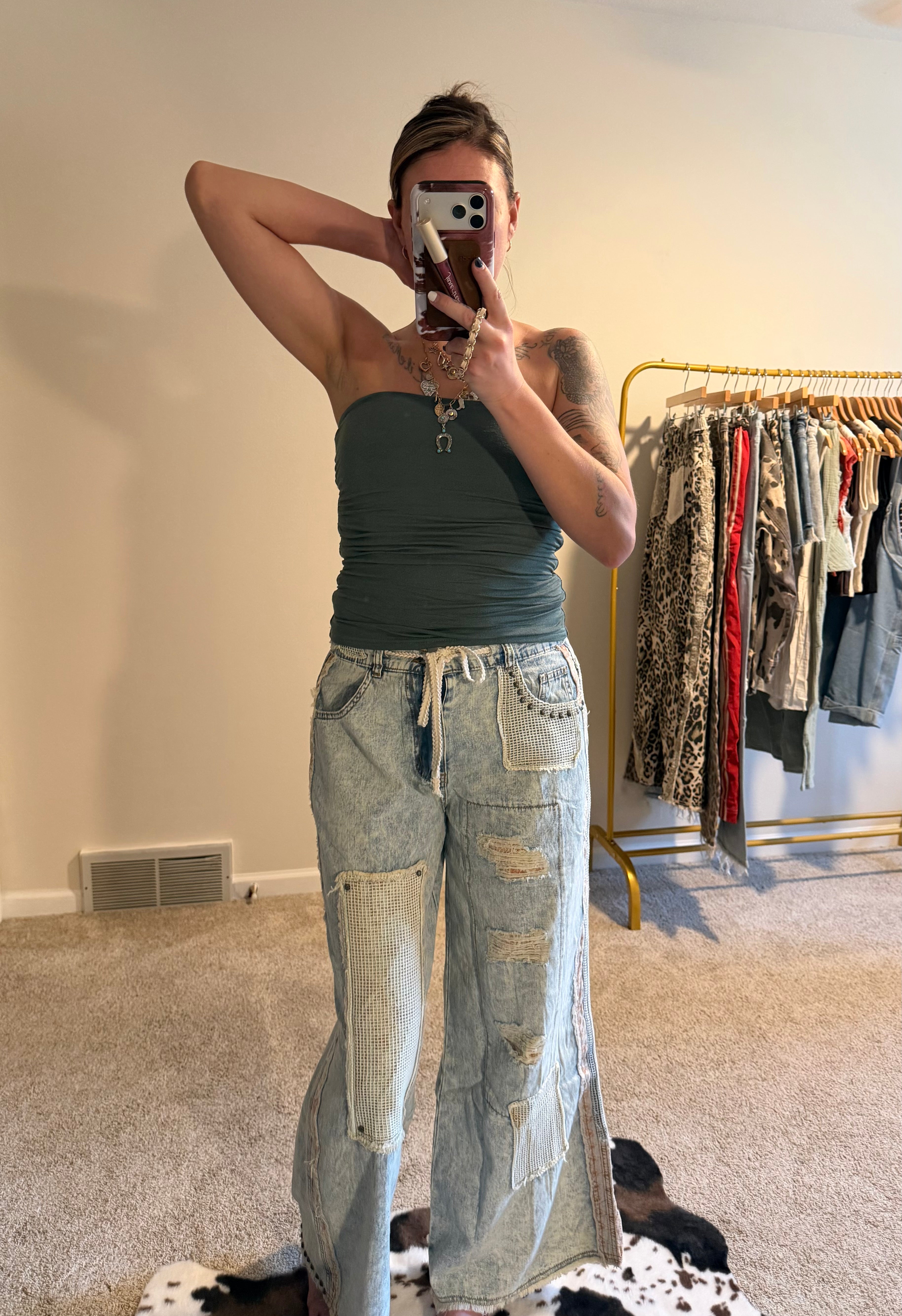 Stud Detail Woven Patchwork Denim Pants