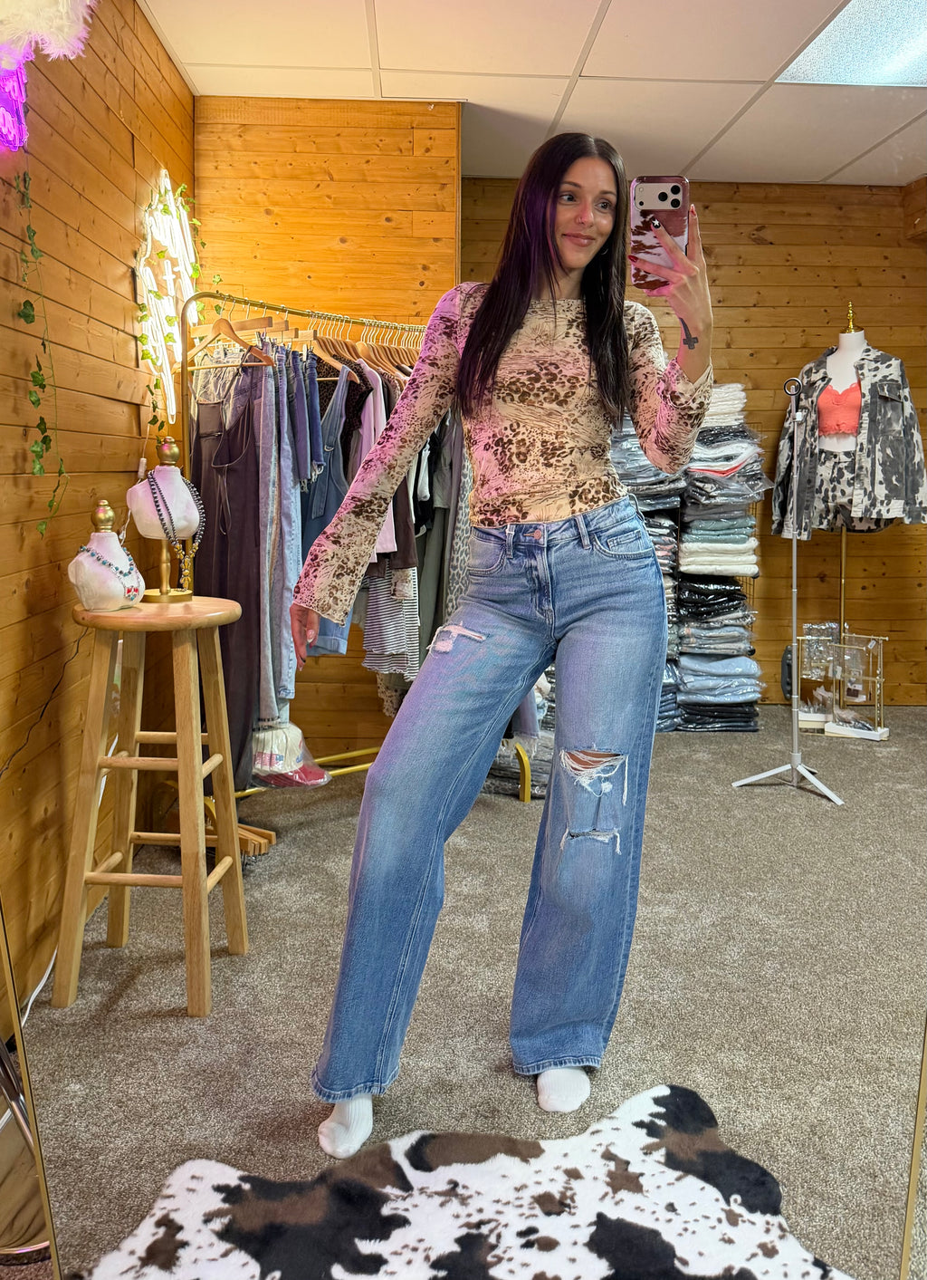High Rise Medium Wash Distressed Wide Leg Jeans