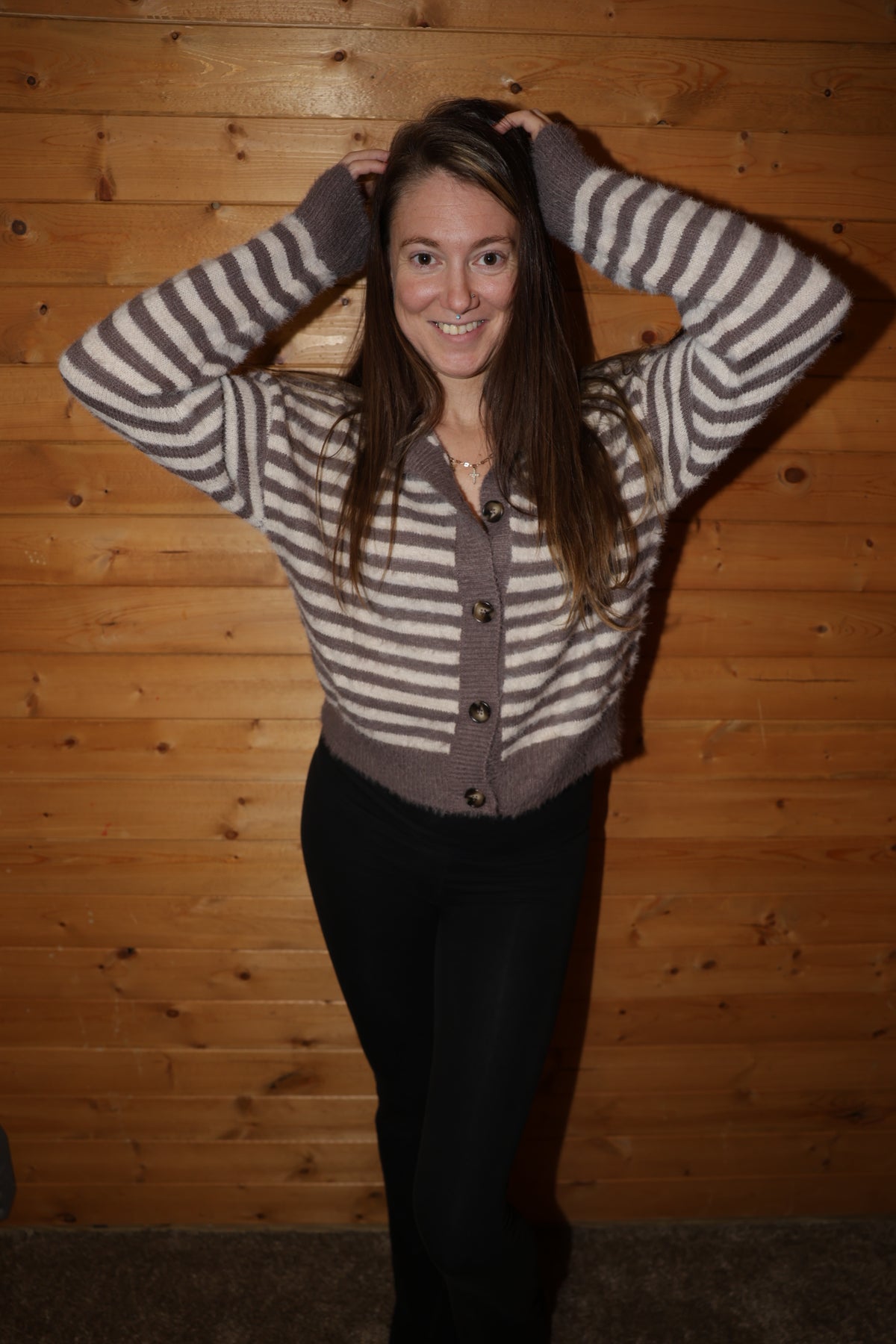 Stripe Fuzzy Knit Cardigan