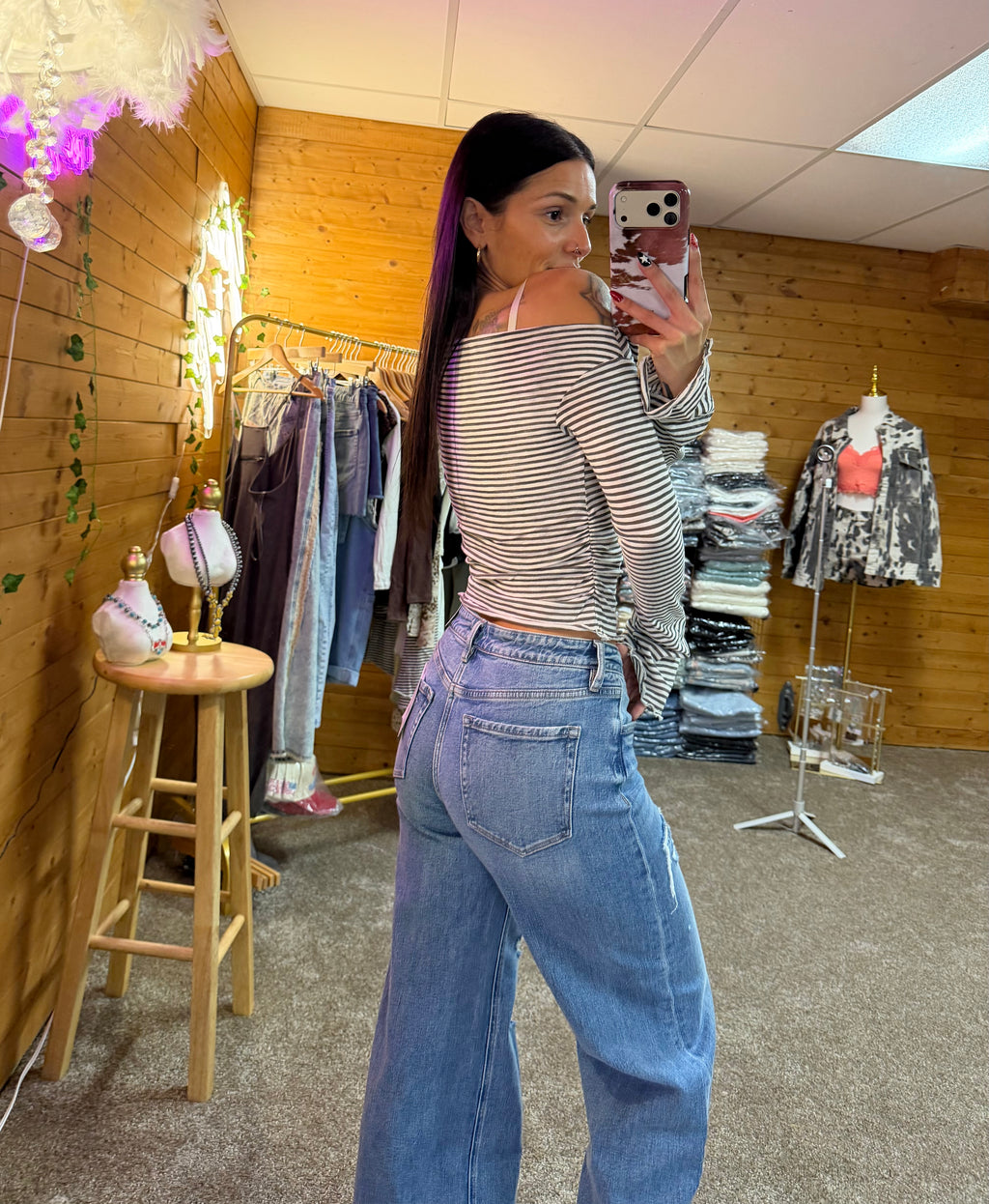 High Rise Medium Wash Distressed Wide Leg Jeans