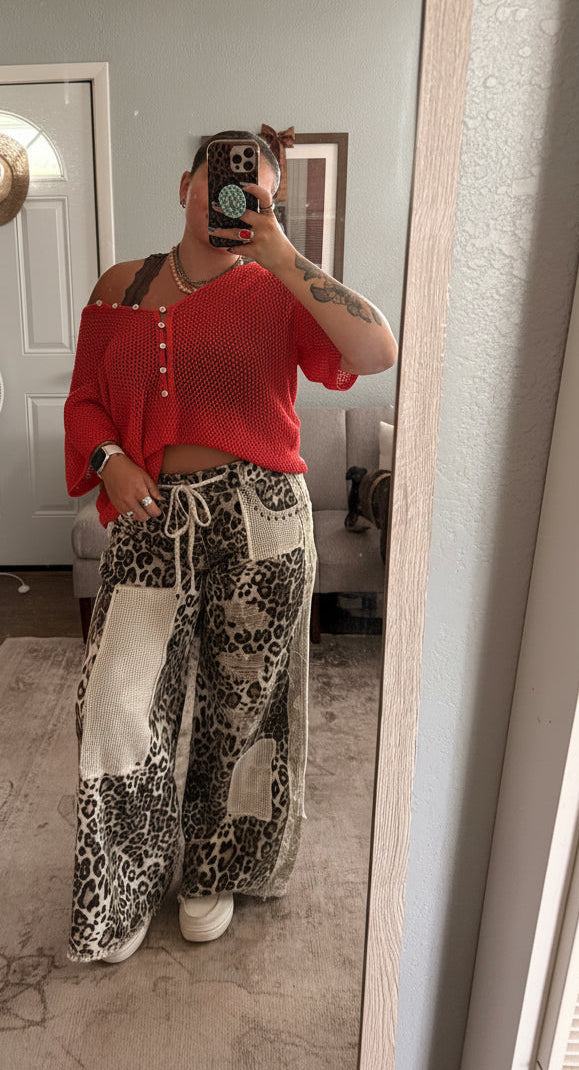 Stud Detail Leopard Print Patchwork Denim Wide-Leg Pants