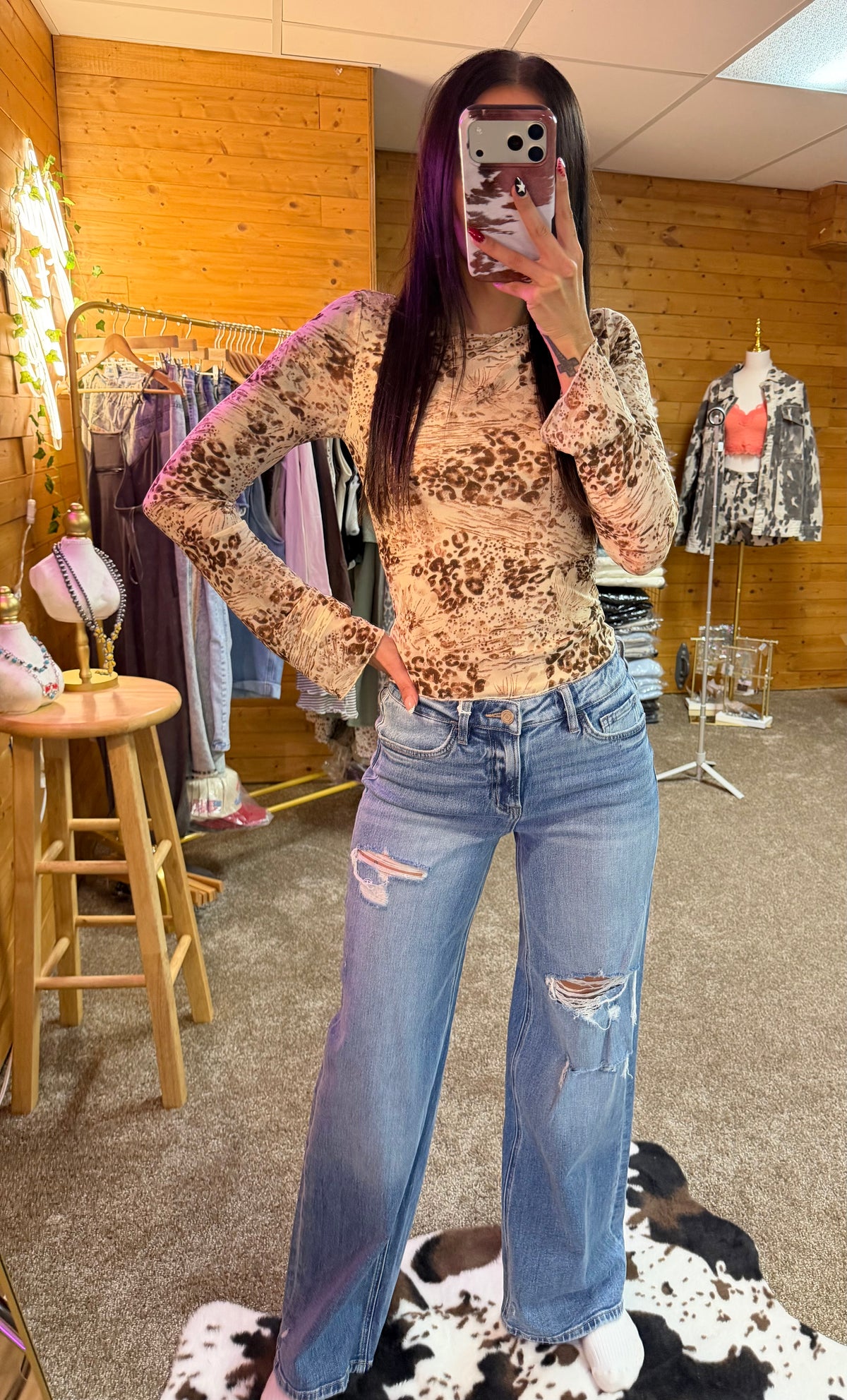 High Rise Medium Wash Distressed Wide Leg Jeans