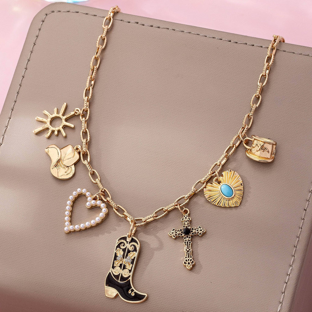 Western Charm Necklace - Boot Cross Heart