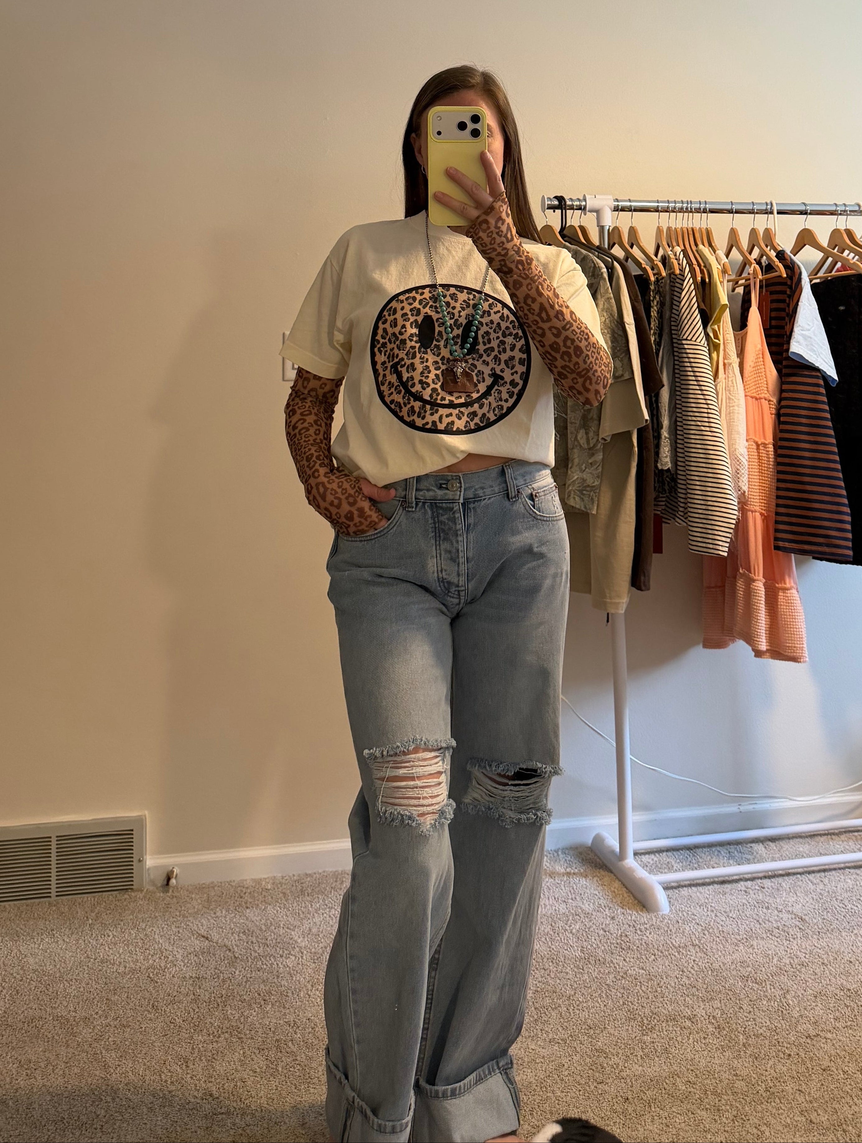 Vintage Fold & Distressed Wide-Leg Jeans
