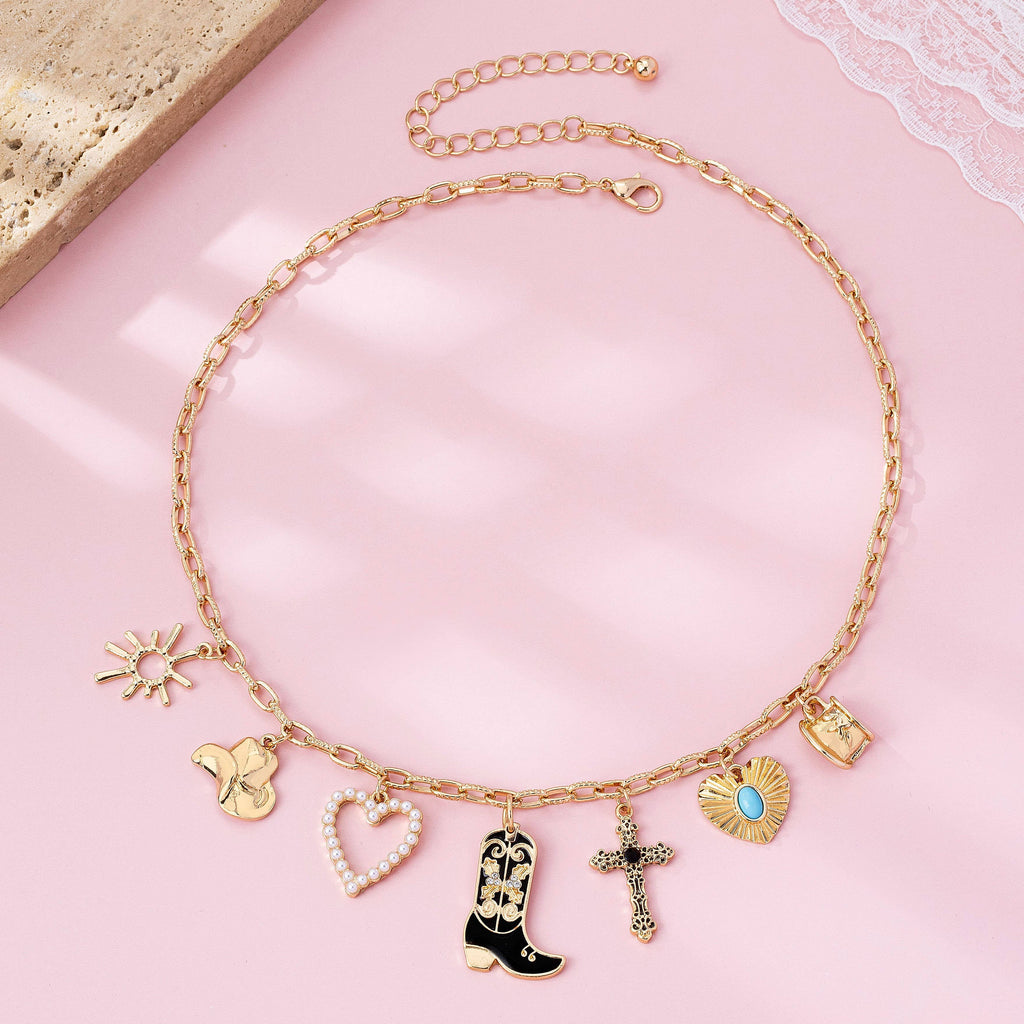 Western Charm Necklace - Boot Cross Heart