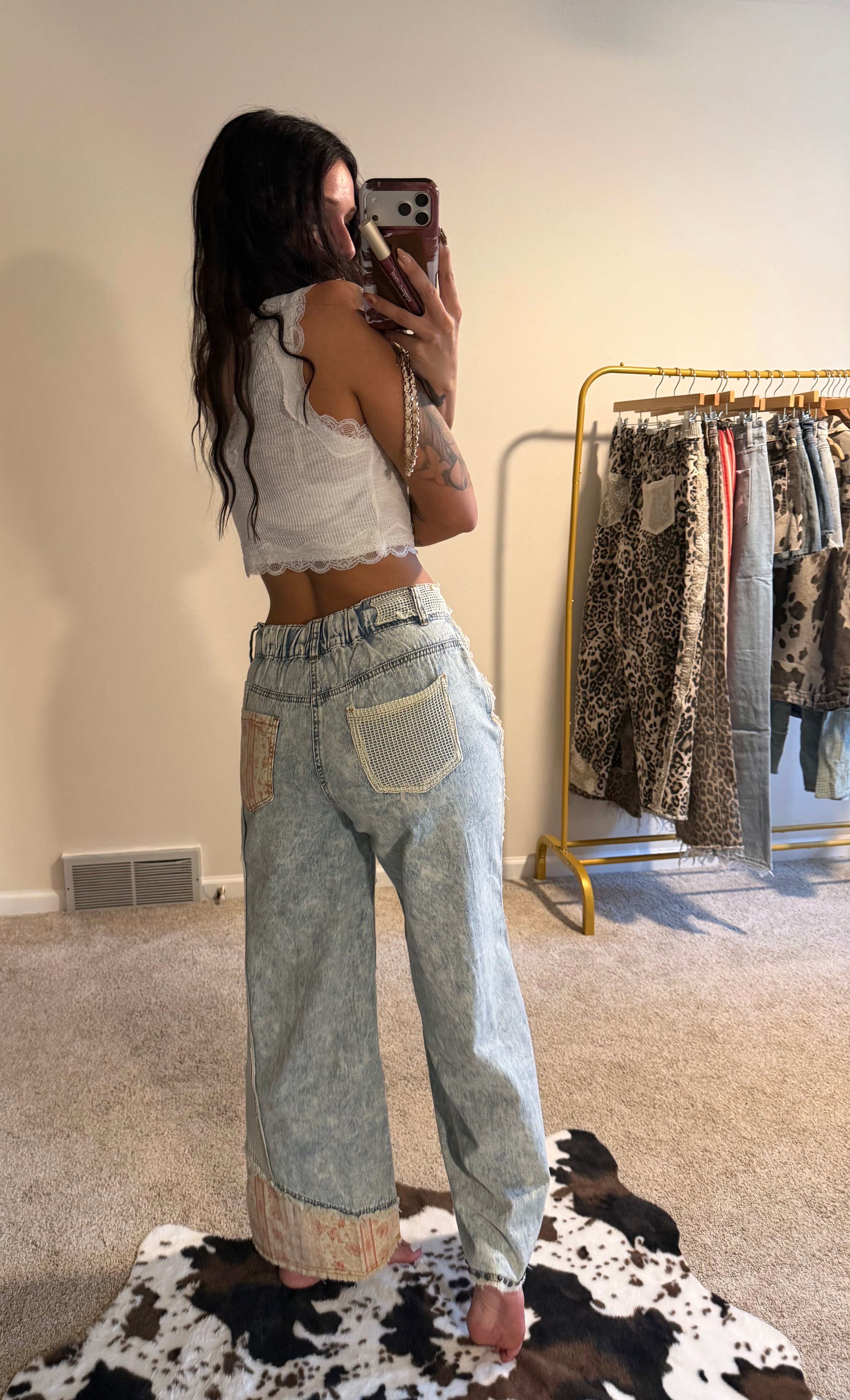 Stud Detail Woven Patchwork Denim Pants