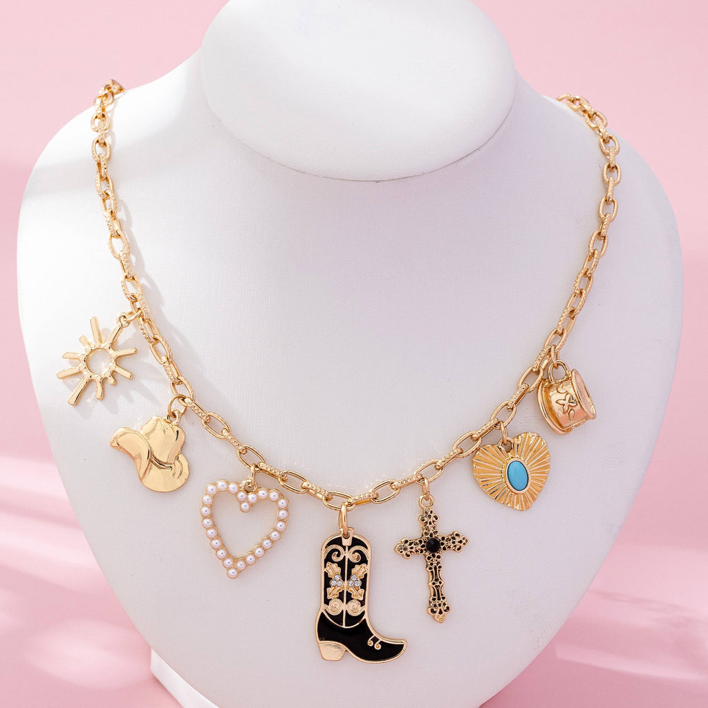 Western Charm Necklace - Boot Cross Heart