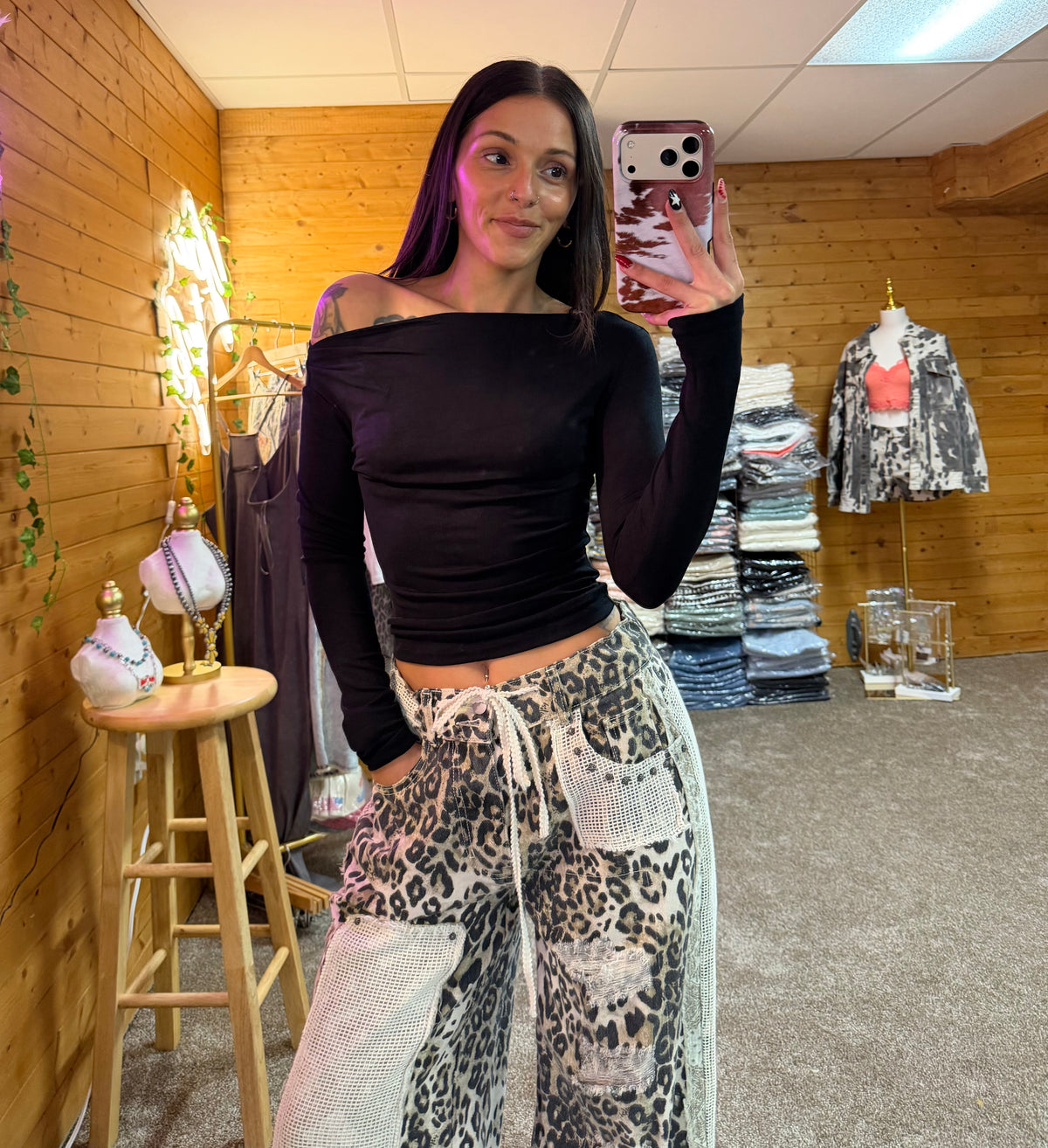 Stud Detail Leopard Print Patchwork Denim Wide-Leg Pants