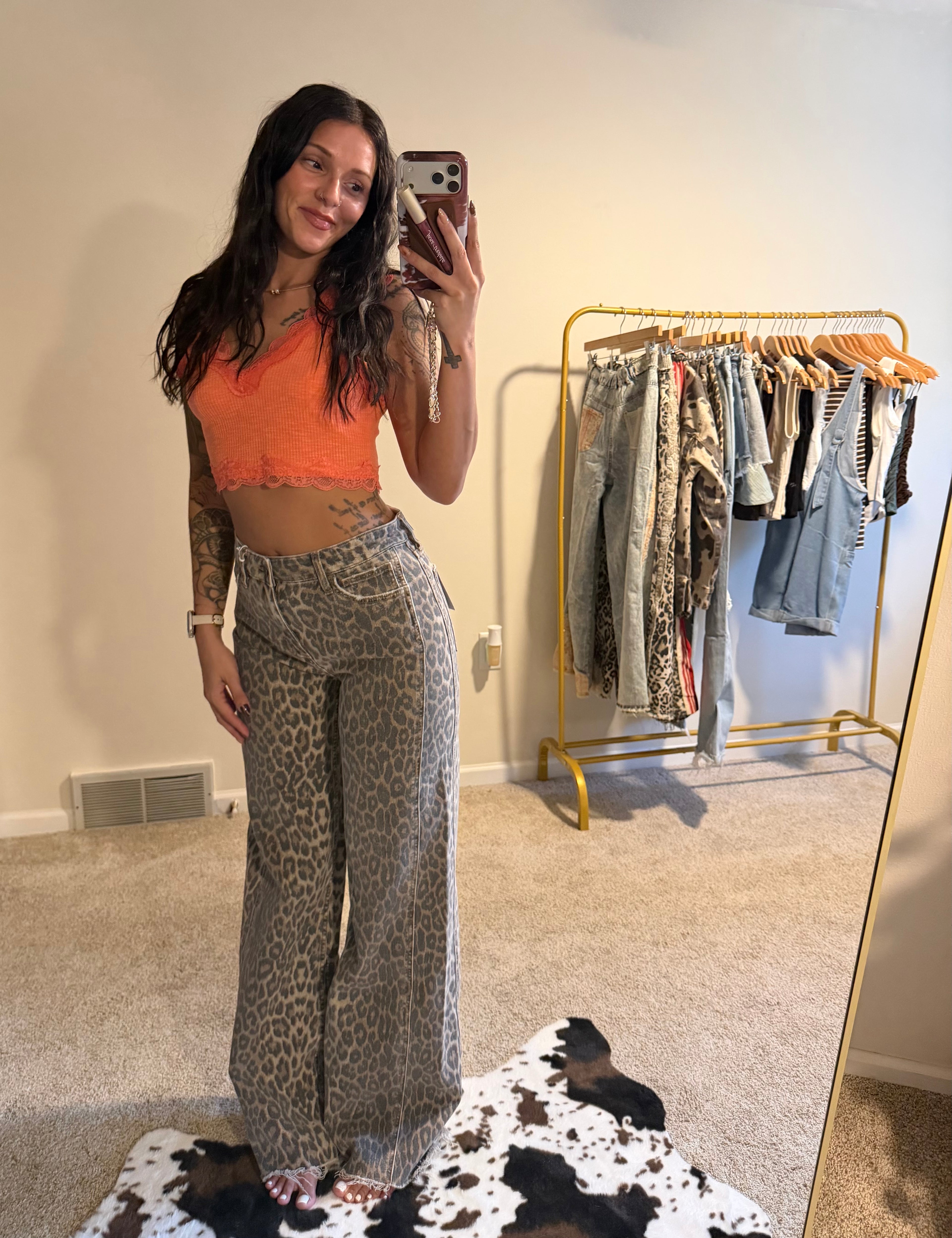 Flying Monkey Wild Side High Rise Leopard Wide Leg Jeans