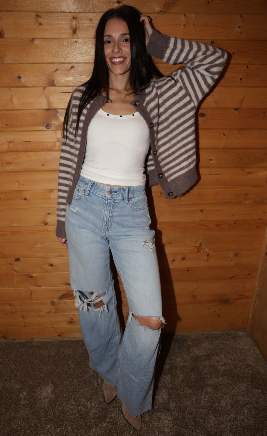 Stripe Fuzzy Knit Cardigan