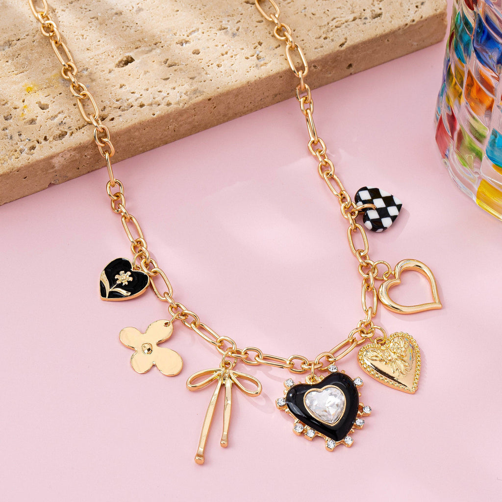 Charm Necklace - Bow Checker Heart Rhinestone