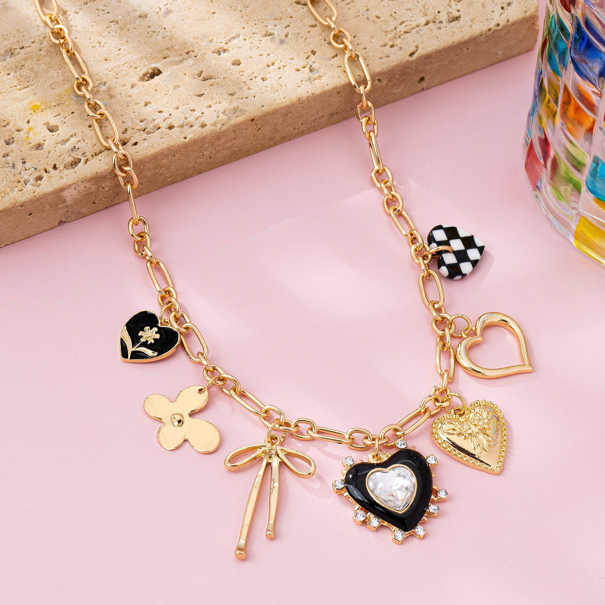 Charm Necklace - Bow Checker Heart Rhinestone