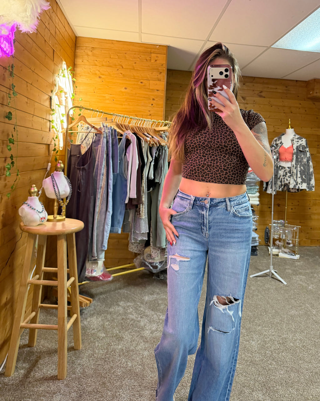 High Rise Medium Wash Distressed Wide Leg Jeans