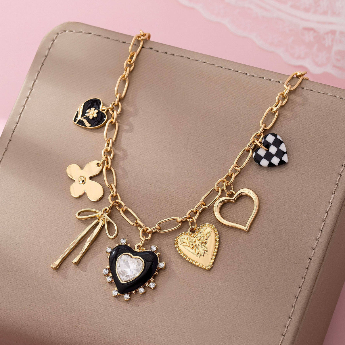 Charm Necklace - Bow Checker Heart Rhinestone