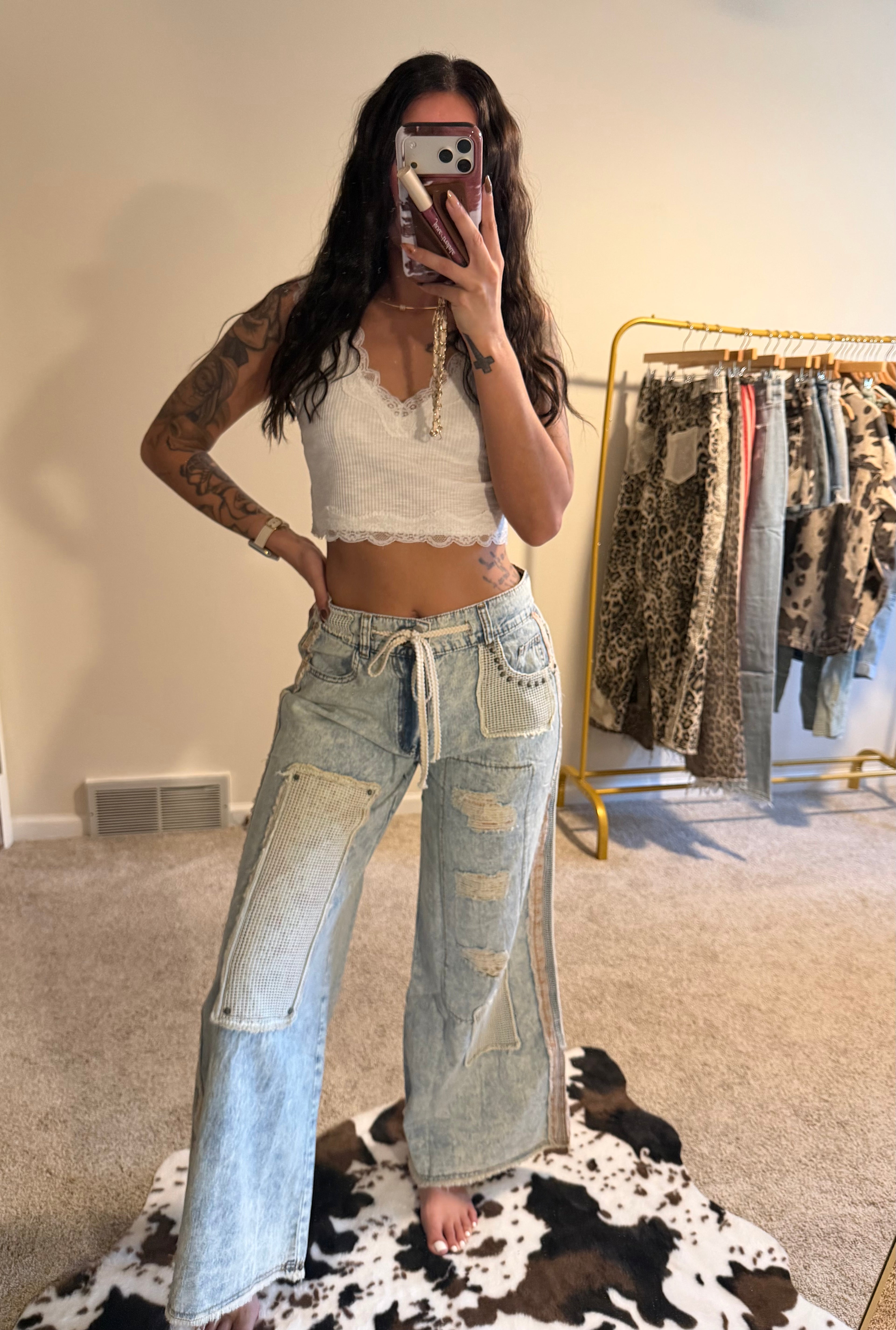Stud Detail Woven Patchwork Denim Pants
