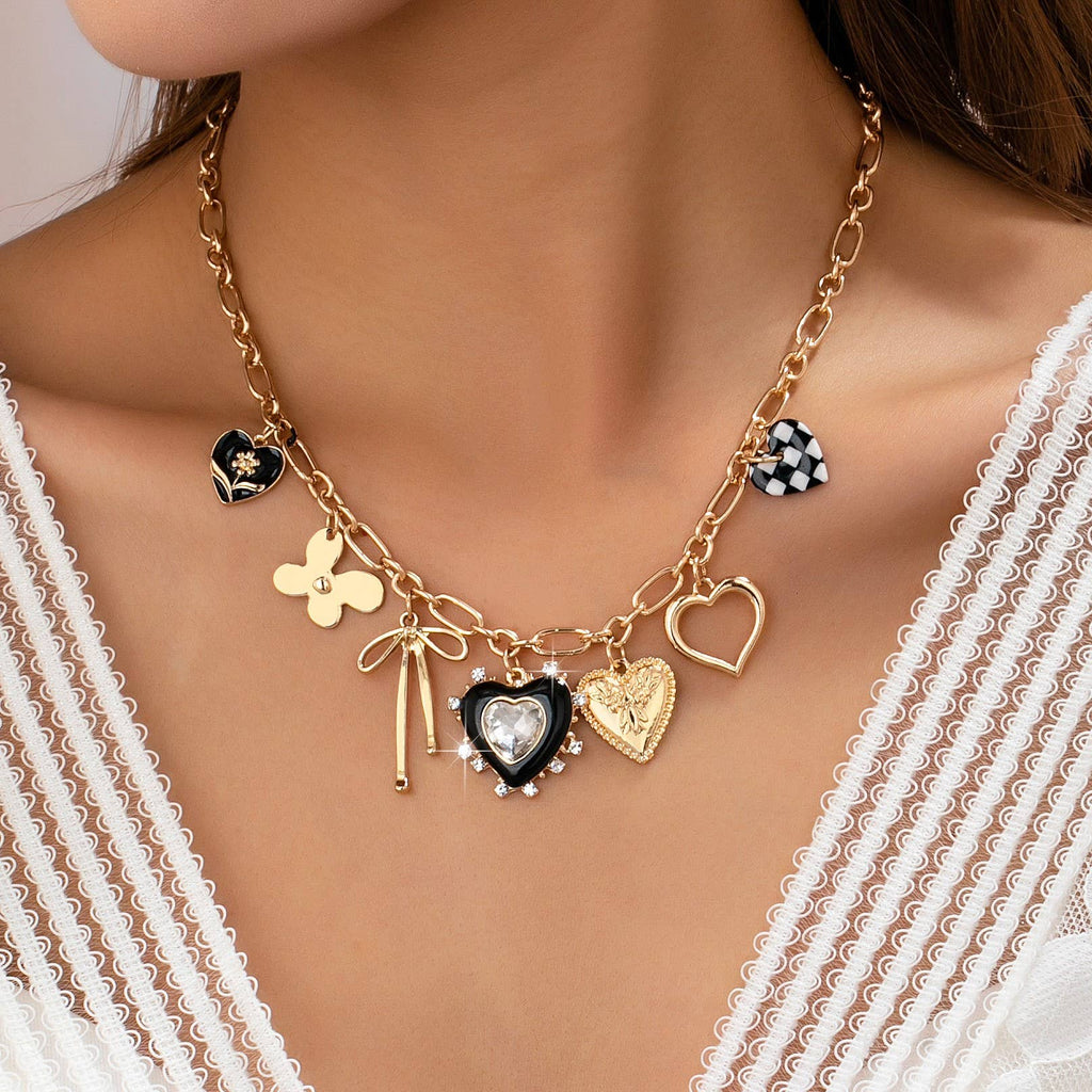 Charm Necklace - Bow Checker Heart Rhinestone