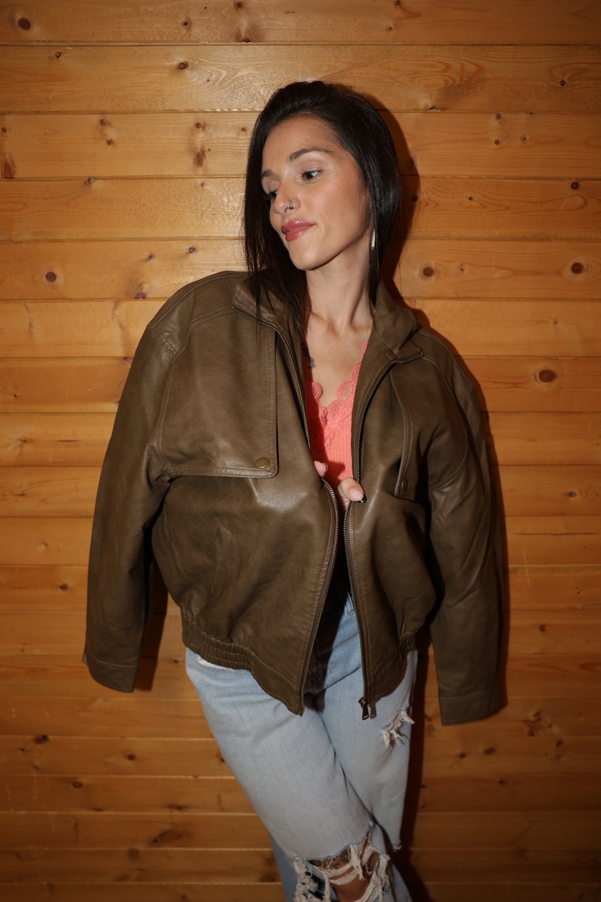 City Nights Faux Leather Bomber