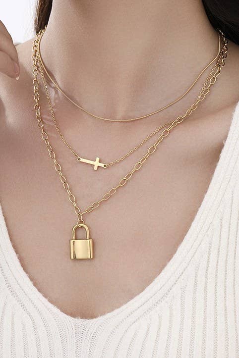 Cross and Lock Gold Layered Necklace
