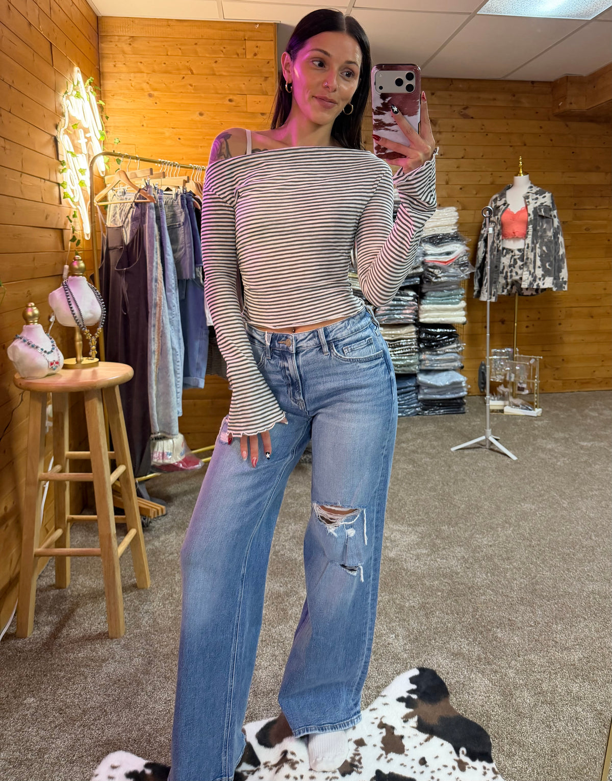 High Rise Medium Wash Distressed Wide Leg Jeans