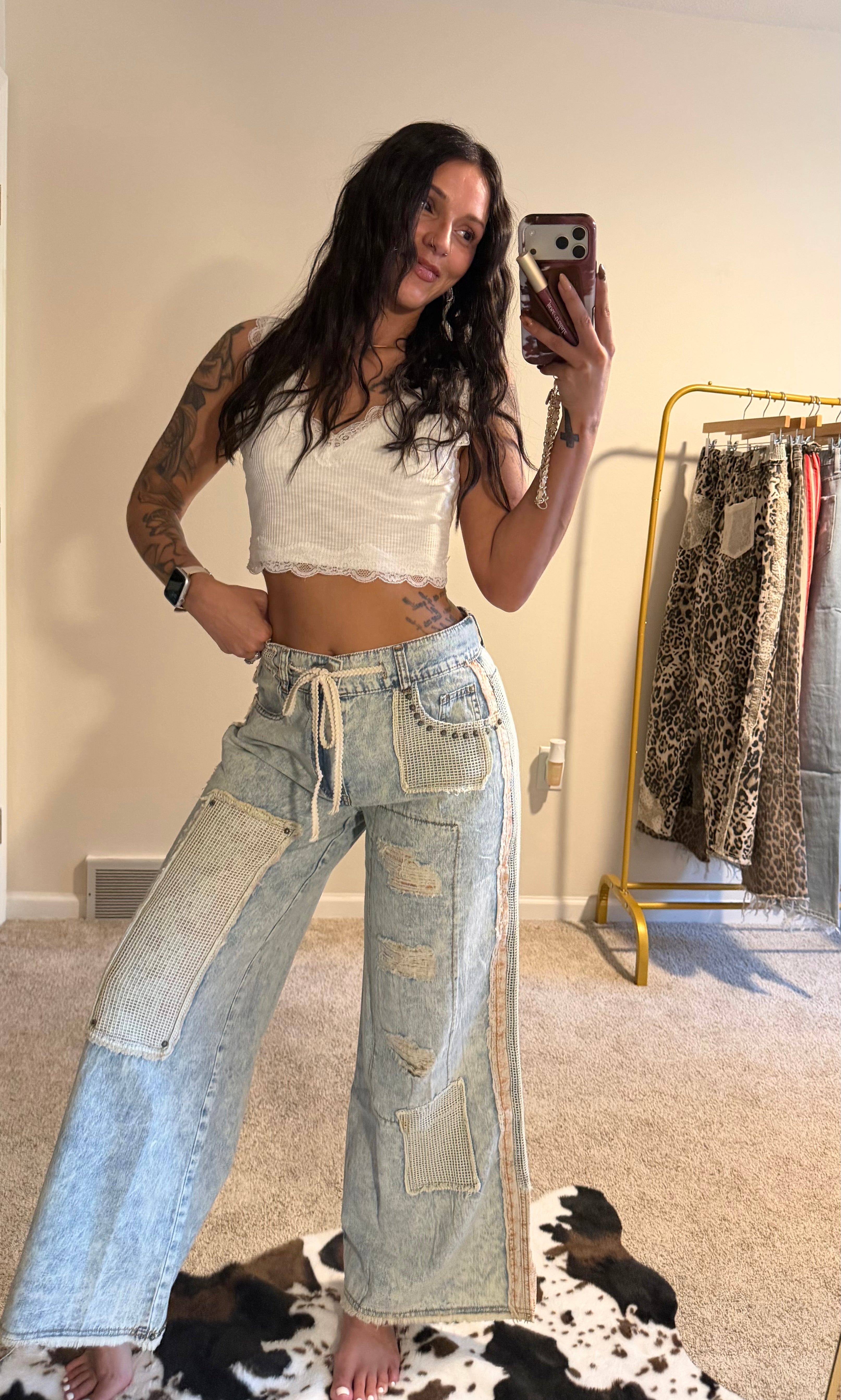 Stud Detail Woven Patchwork Denim Pants