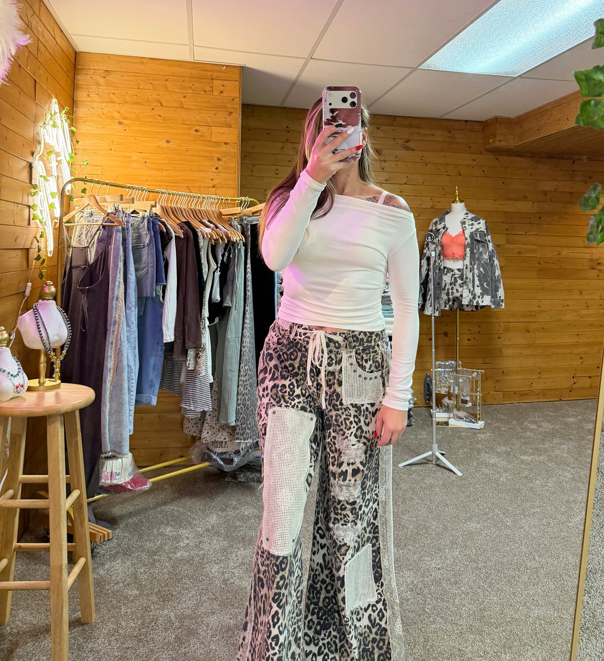 Stud Detail Leopard Print Patchwork Denim Wide-Leg Pants