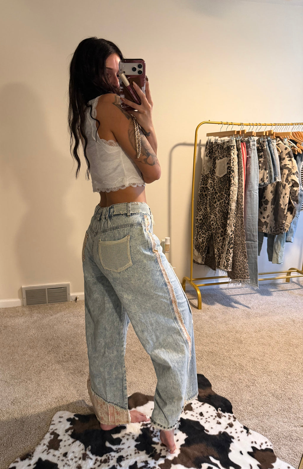 Stud Detail Woven Patchwork Denim Pants