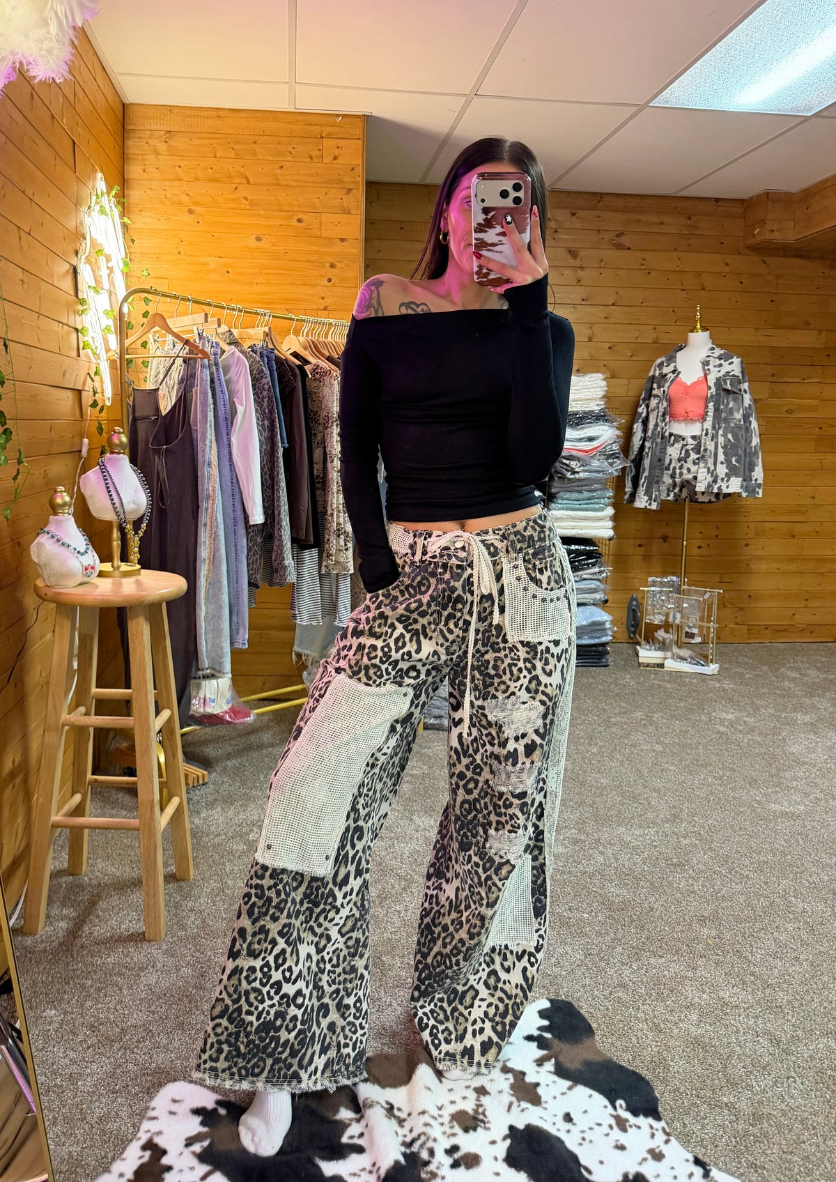 Stud Detail Leopard Print Patchwork Denim Wide-Leg Pants