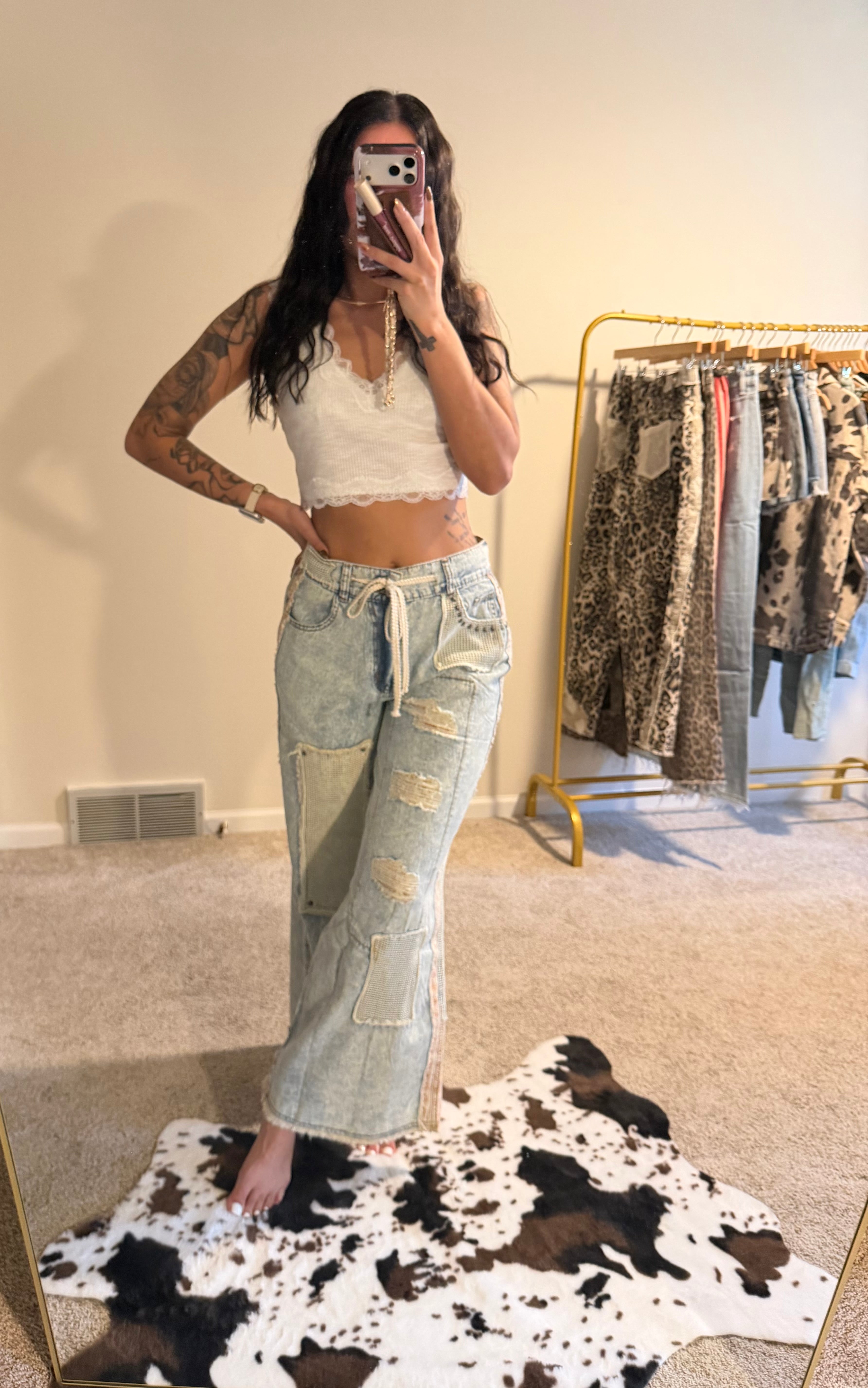 Stud Detail Woven Patchwork Denim Pants