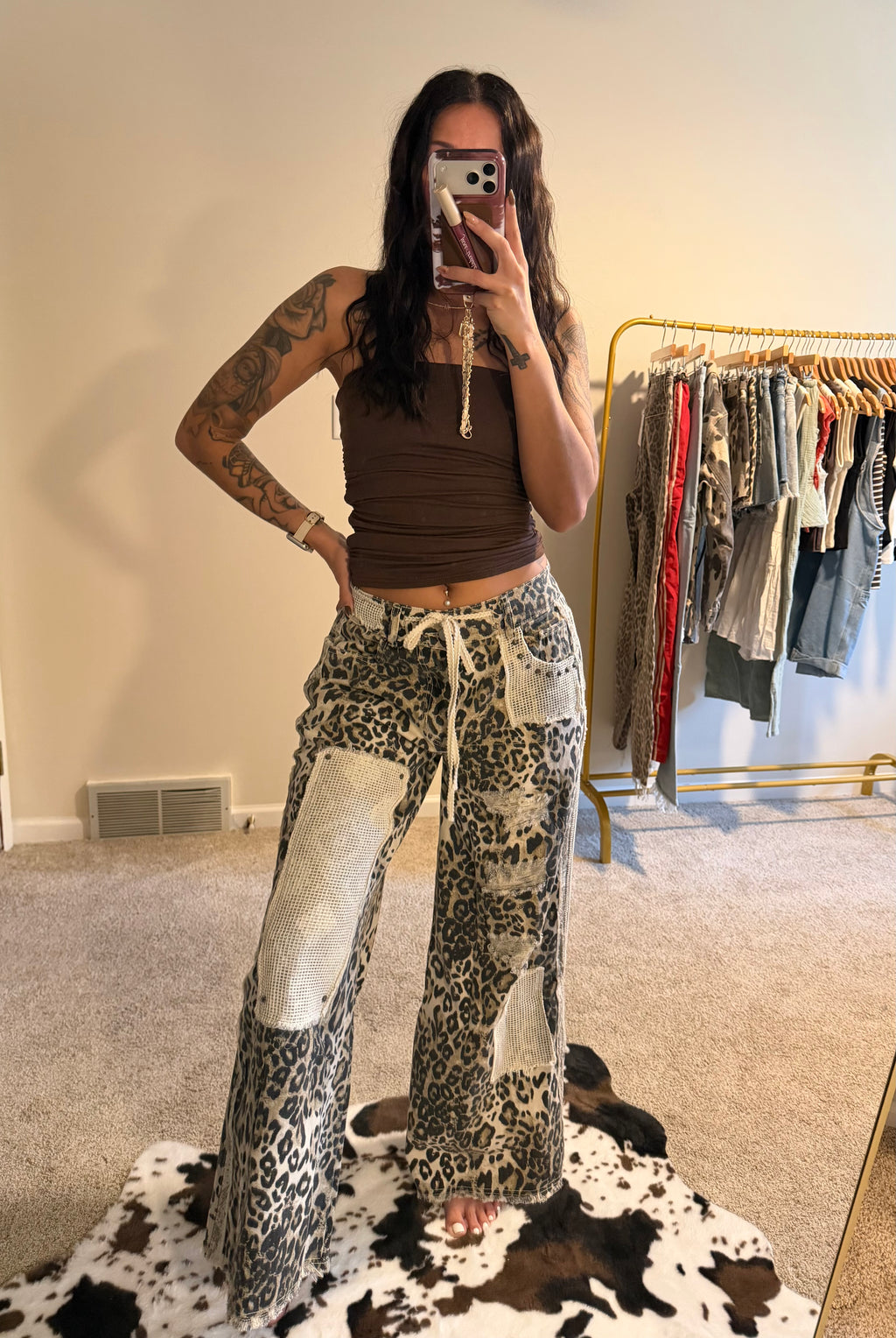 Stud Detail Leopard Print Patchwork Denim Wide-Leg Pants