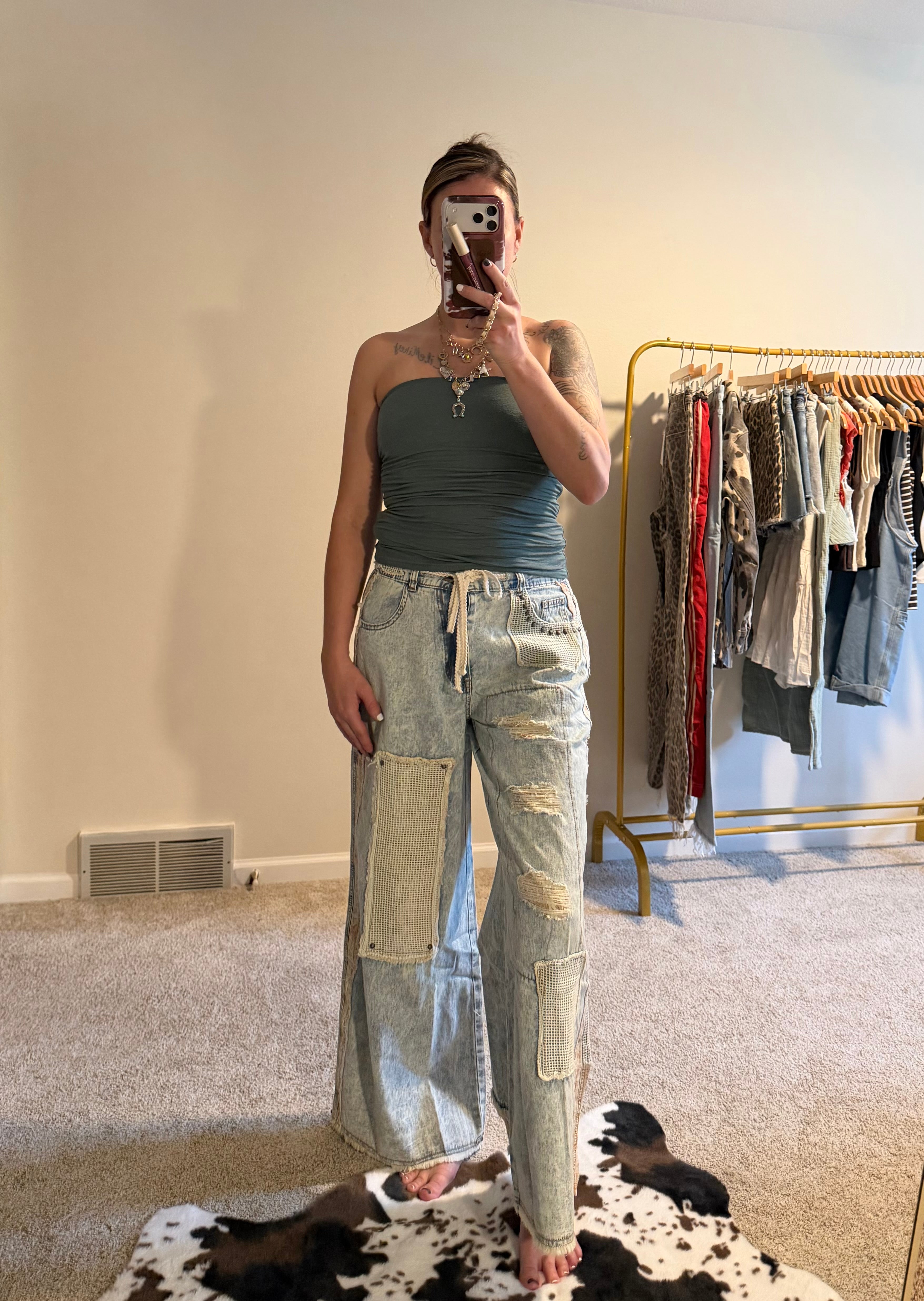 Stud Detail Woven Patchwork Denim Pants