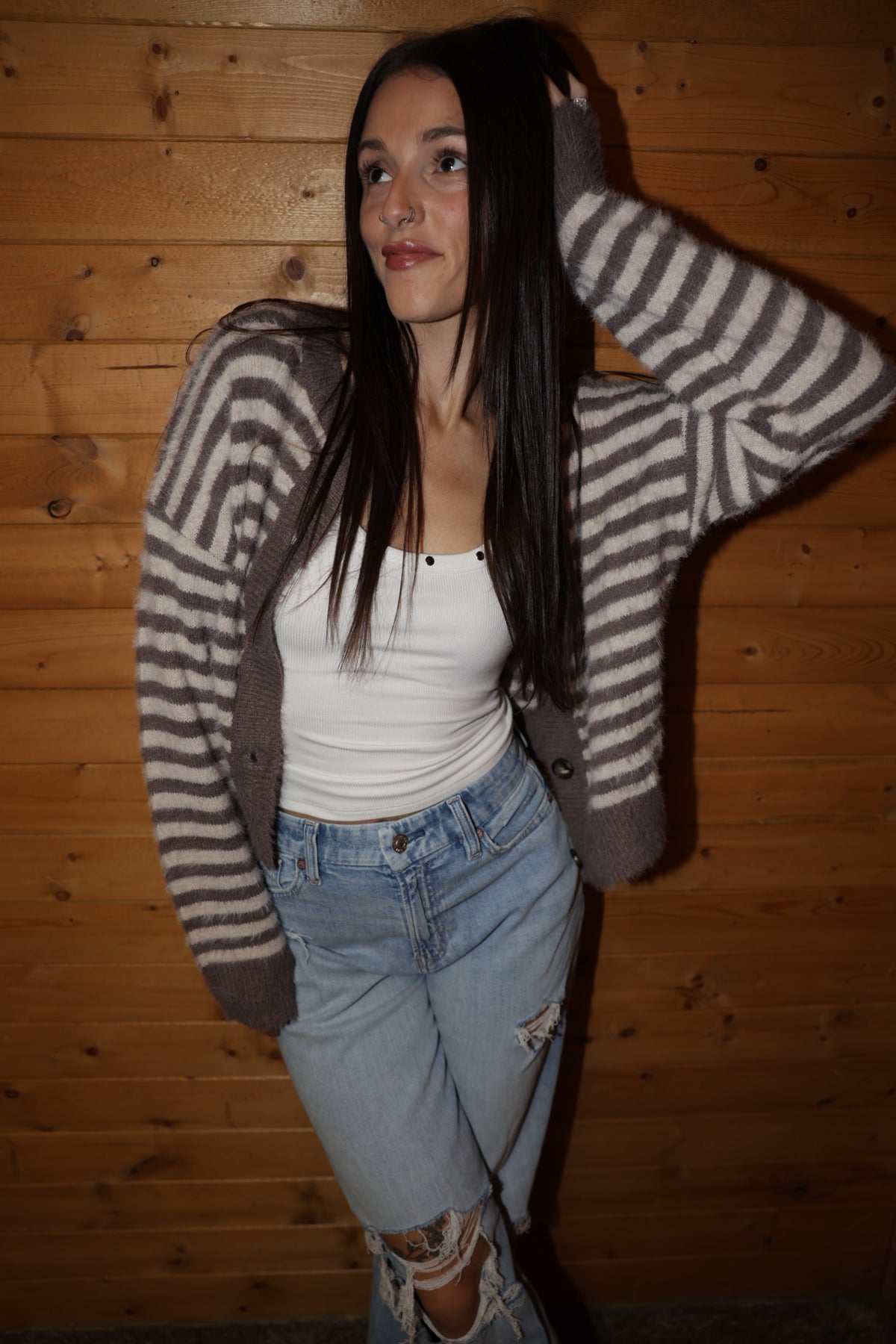 Stripe Fuzzy Knit Cardigan
