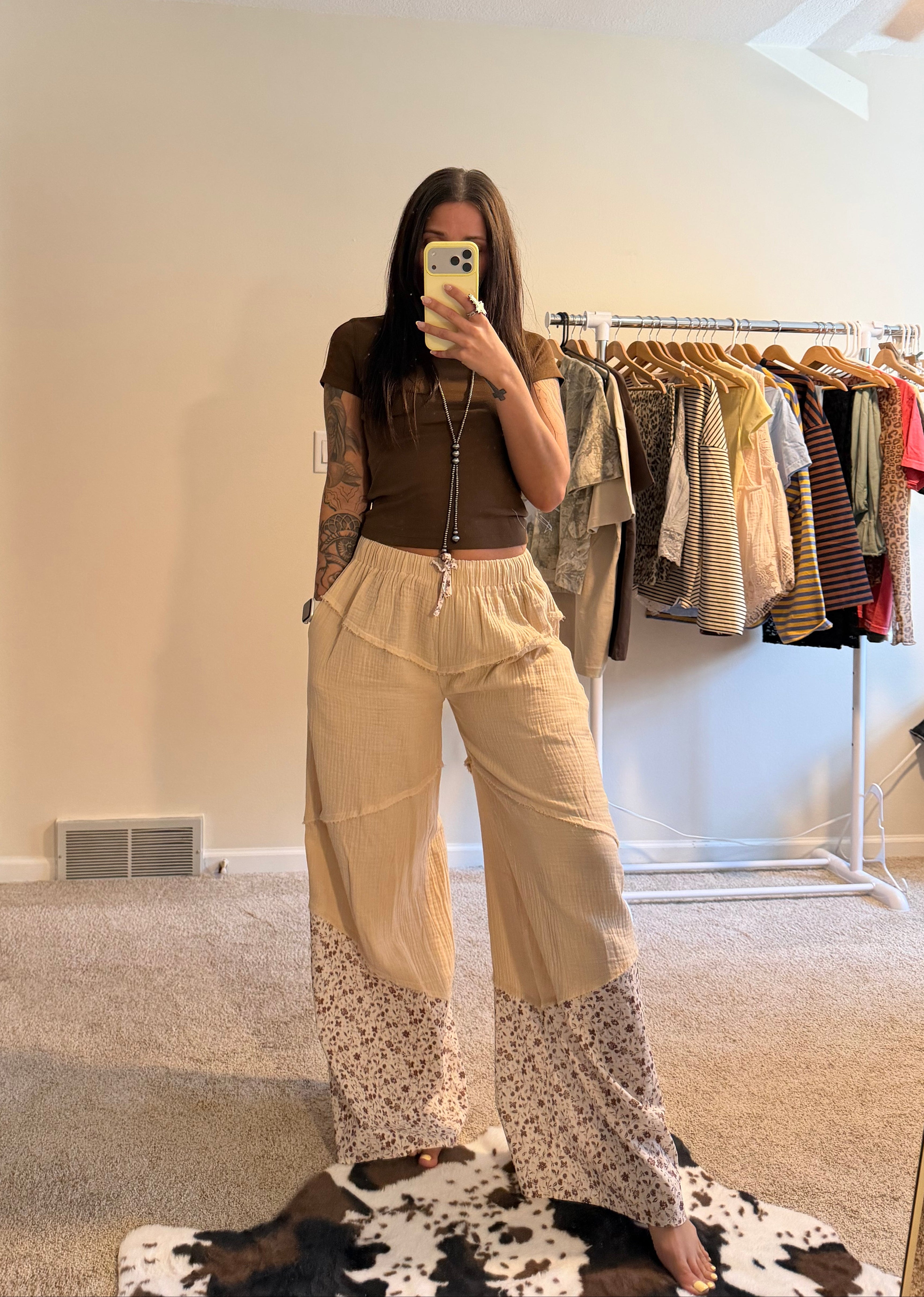 Wide Leg Gauze Pants With Floral Print