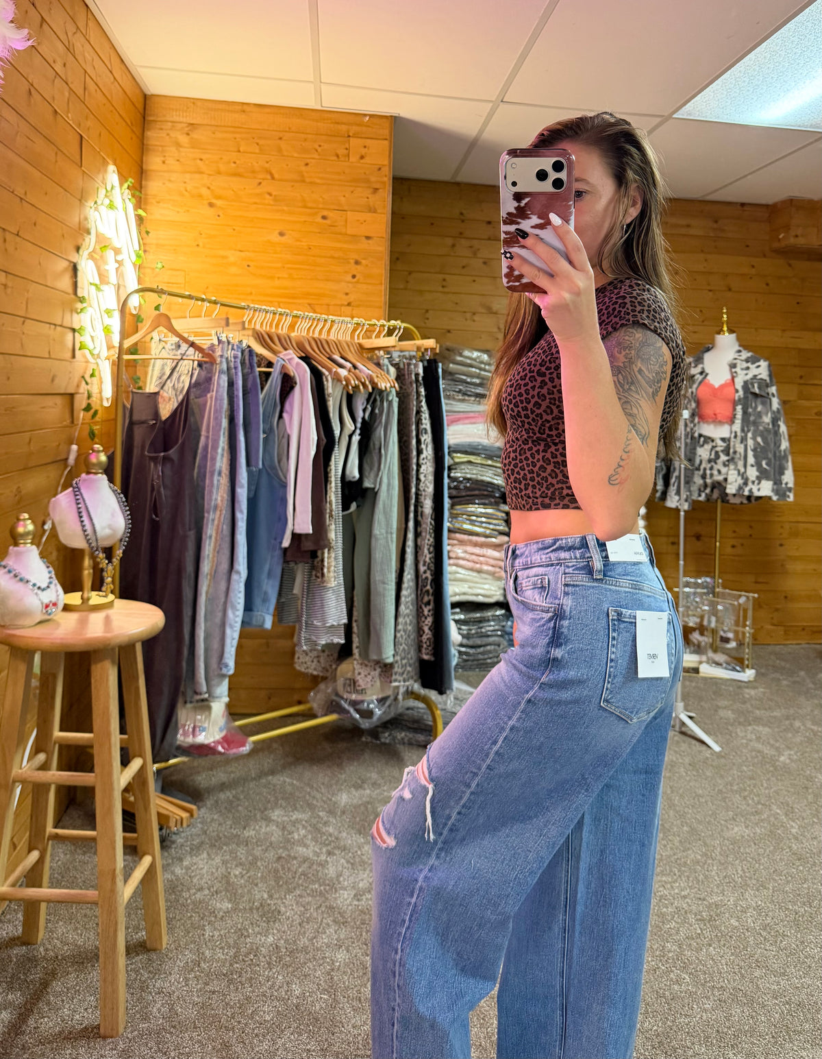 High Rise Medium Wash Distressed Wide Leg Jeans