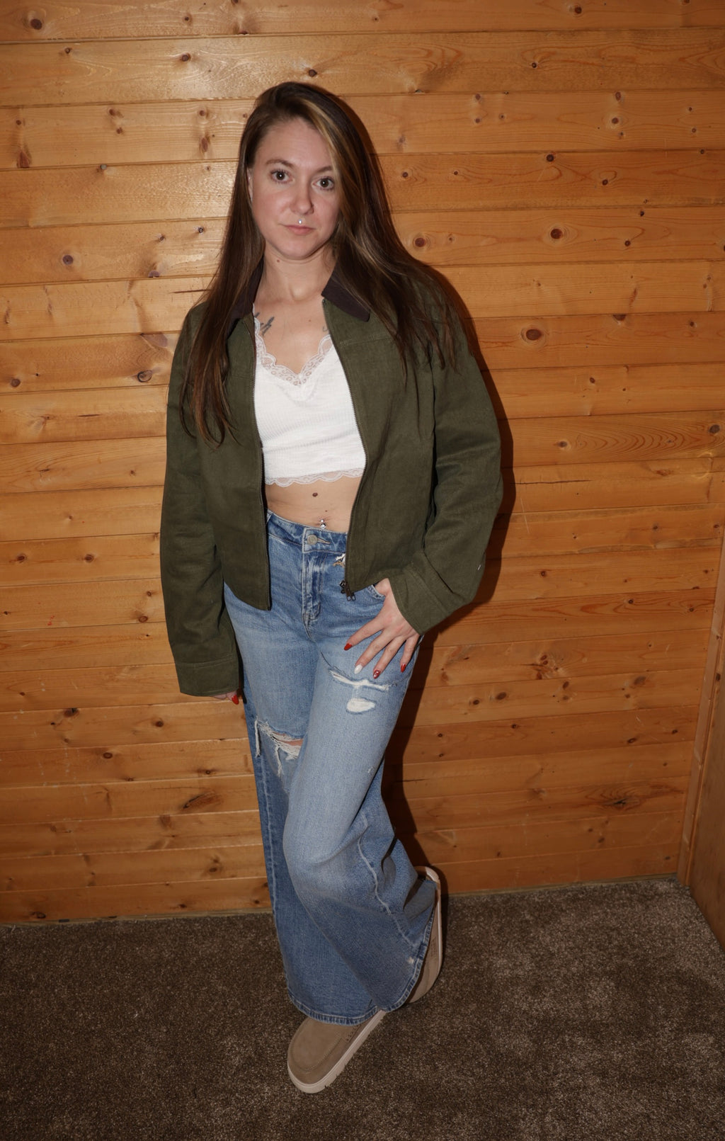 Olive Corduroy Collar Jacket