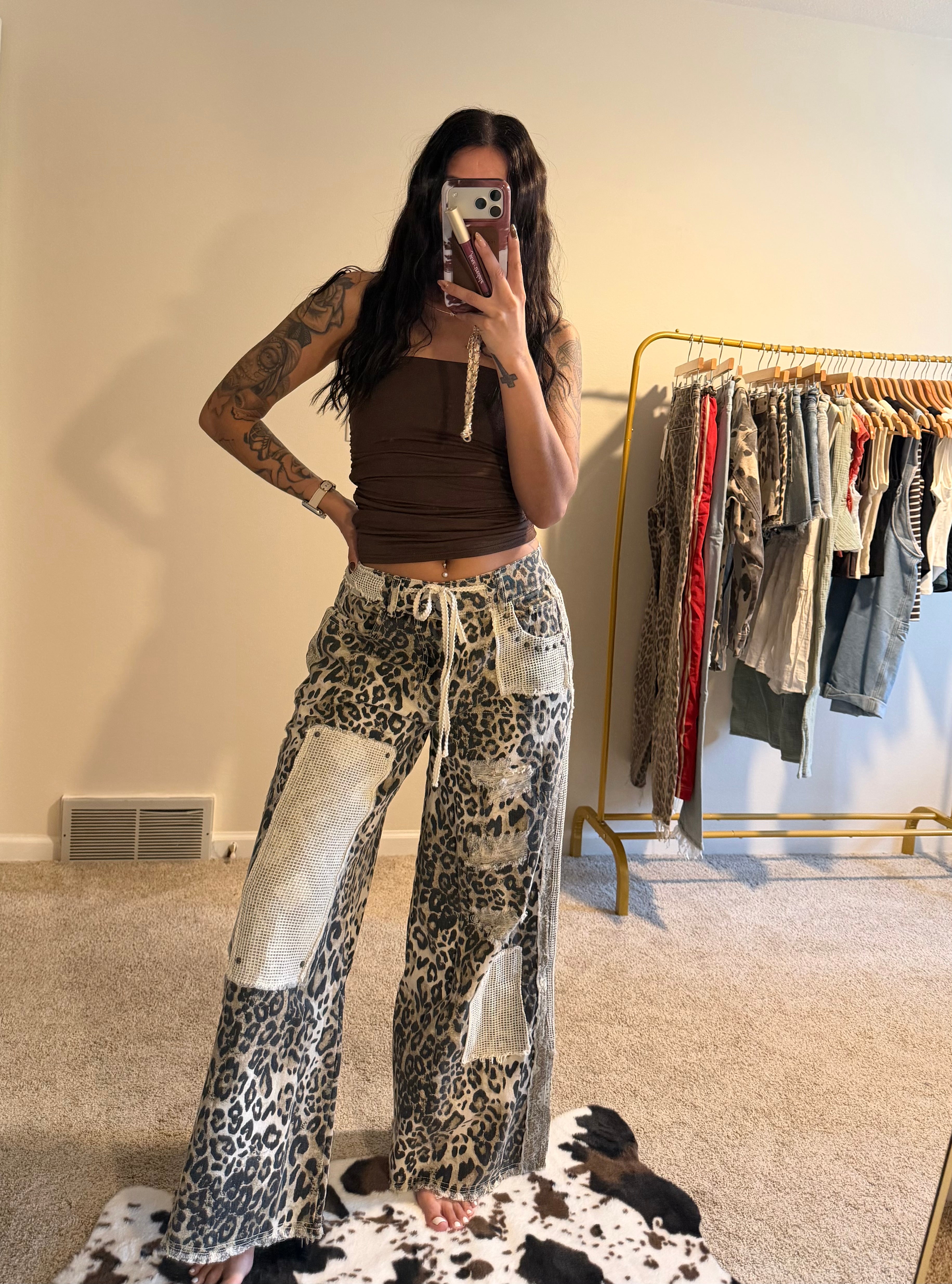 Stud Detail Leopard Print Patchwork Denim Wide-Leg Pants