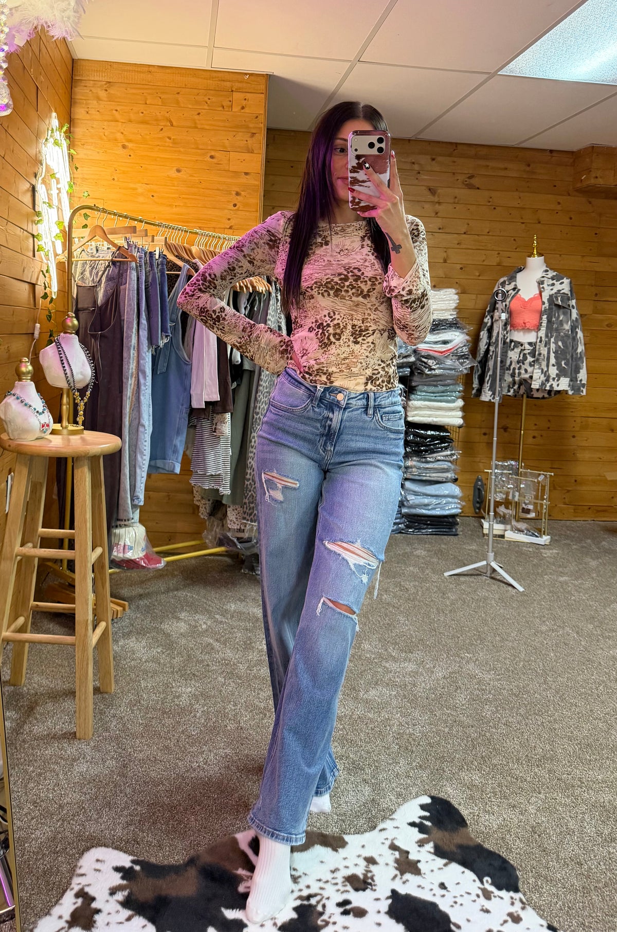High Rise Medium Wash Distressed Wide Leg Jeans