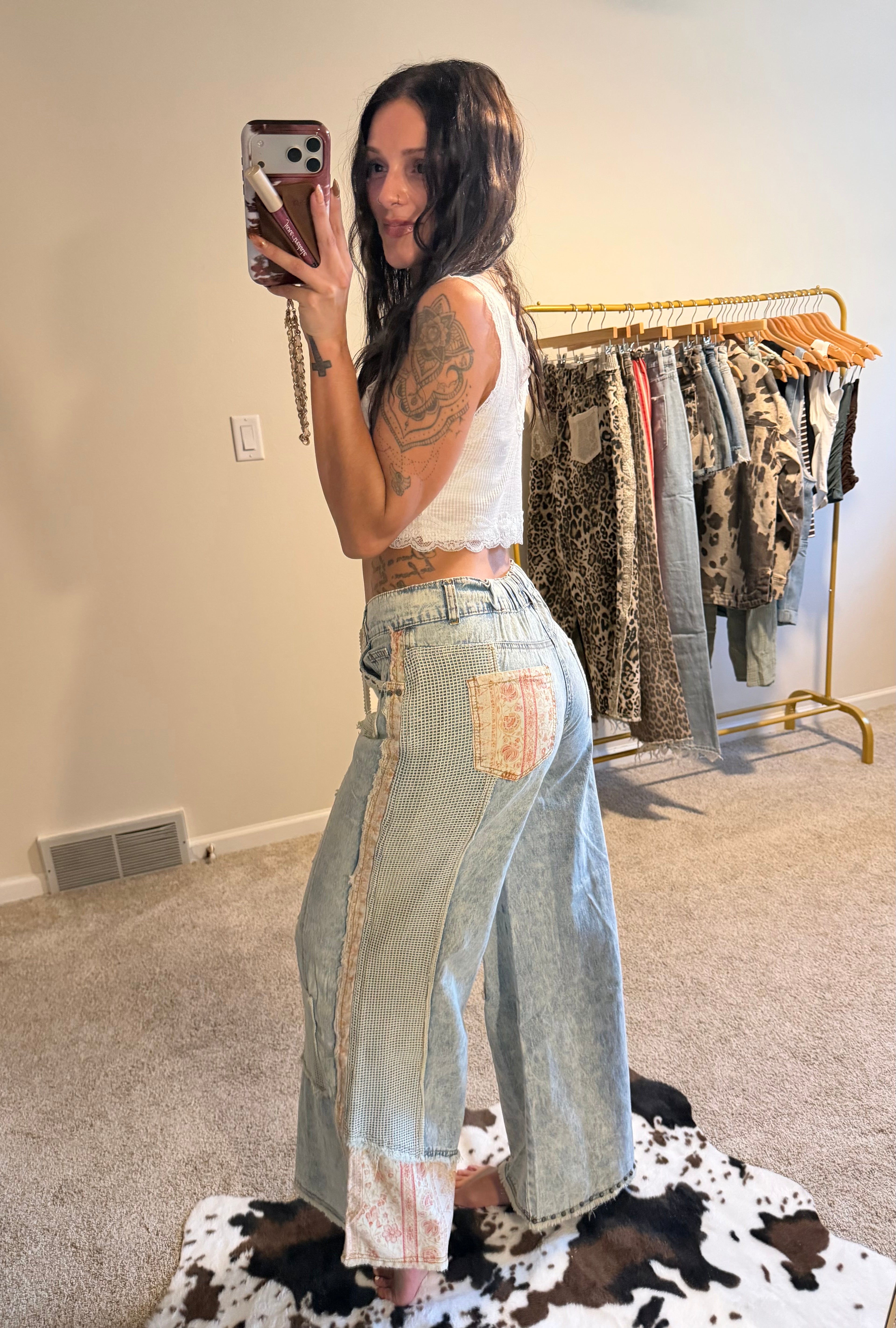 Stud Detail Woven Patchwork Denim Pants