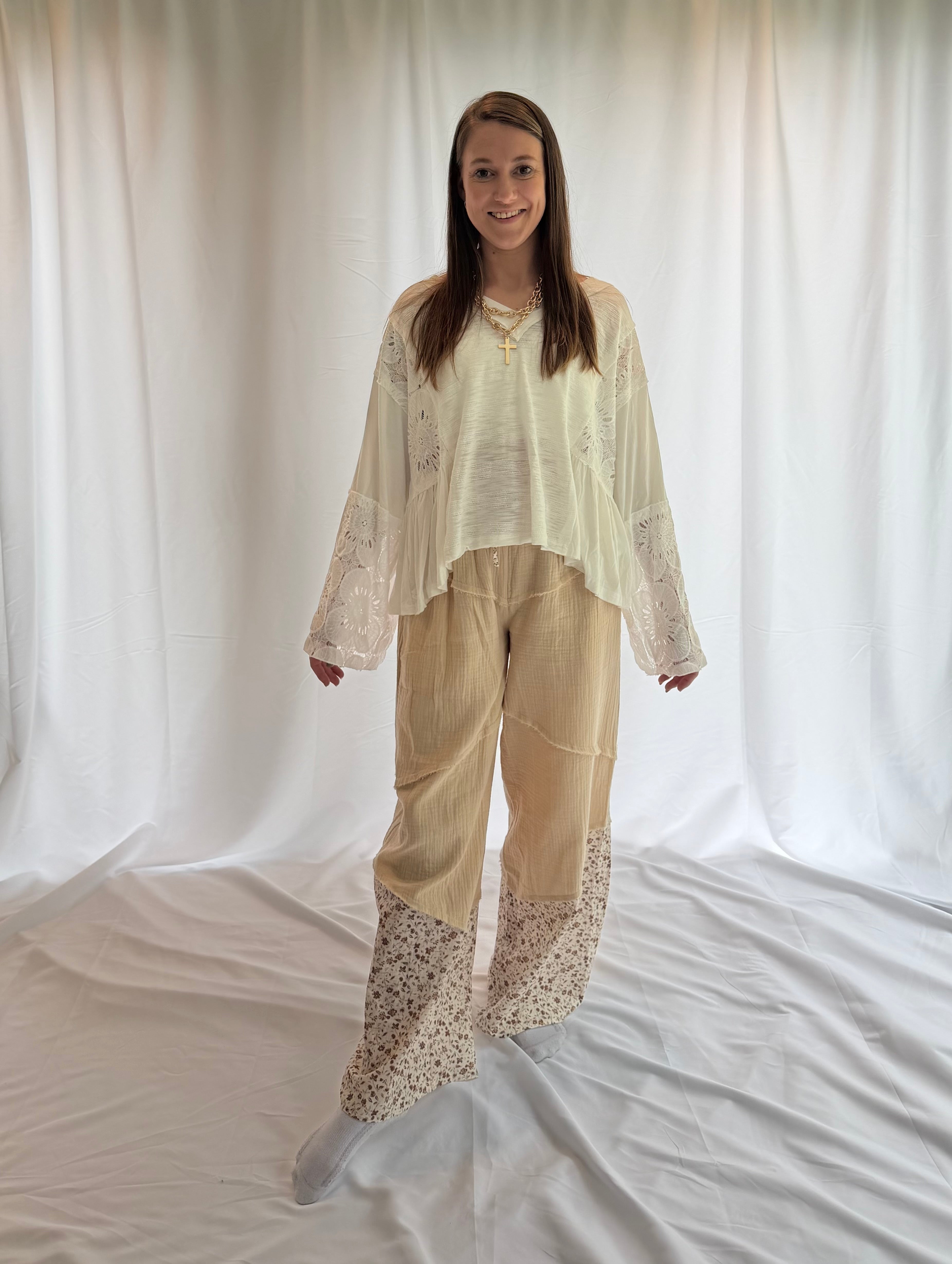 Wide Leg Gauze Pants With Floral Print