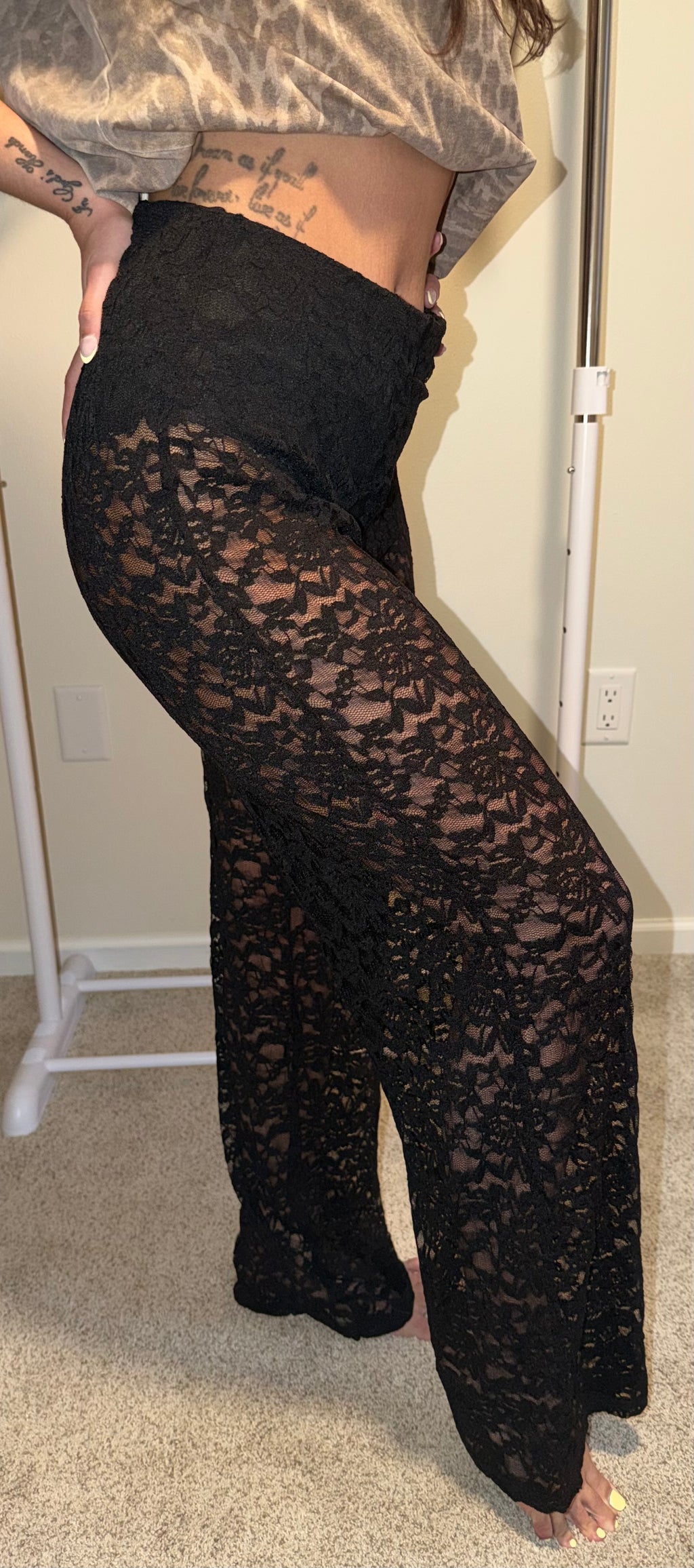 Sheer Lace Straight Leg Pants with Lining